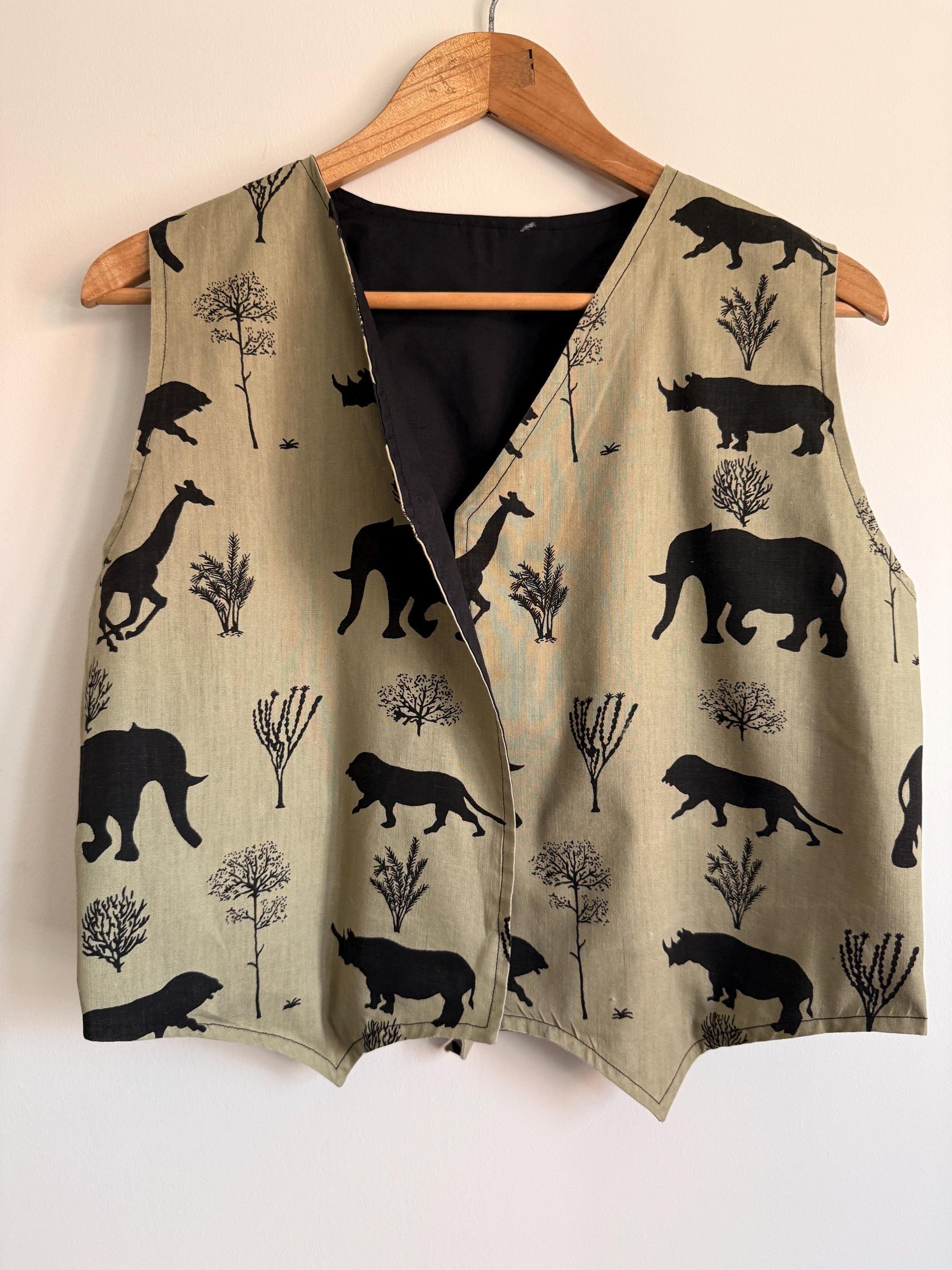 Vintage Safari Animal Print Waistcoat | Elephant Giraffe Rhino Lion Vest | Novelty Vintage Waistcoat | Safari Clothing | UK 12