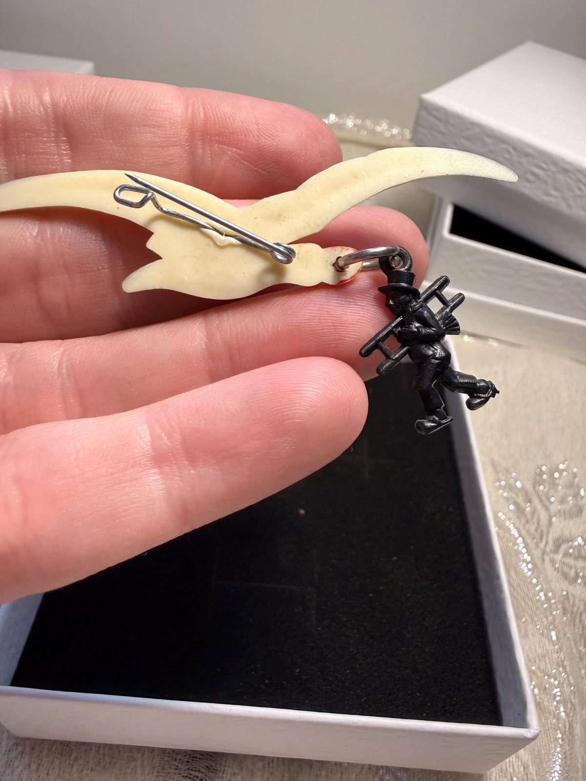 Vintage Seagull Bird Brooch with Chimney Sweep Charm Novelty Figural Brooch