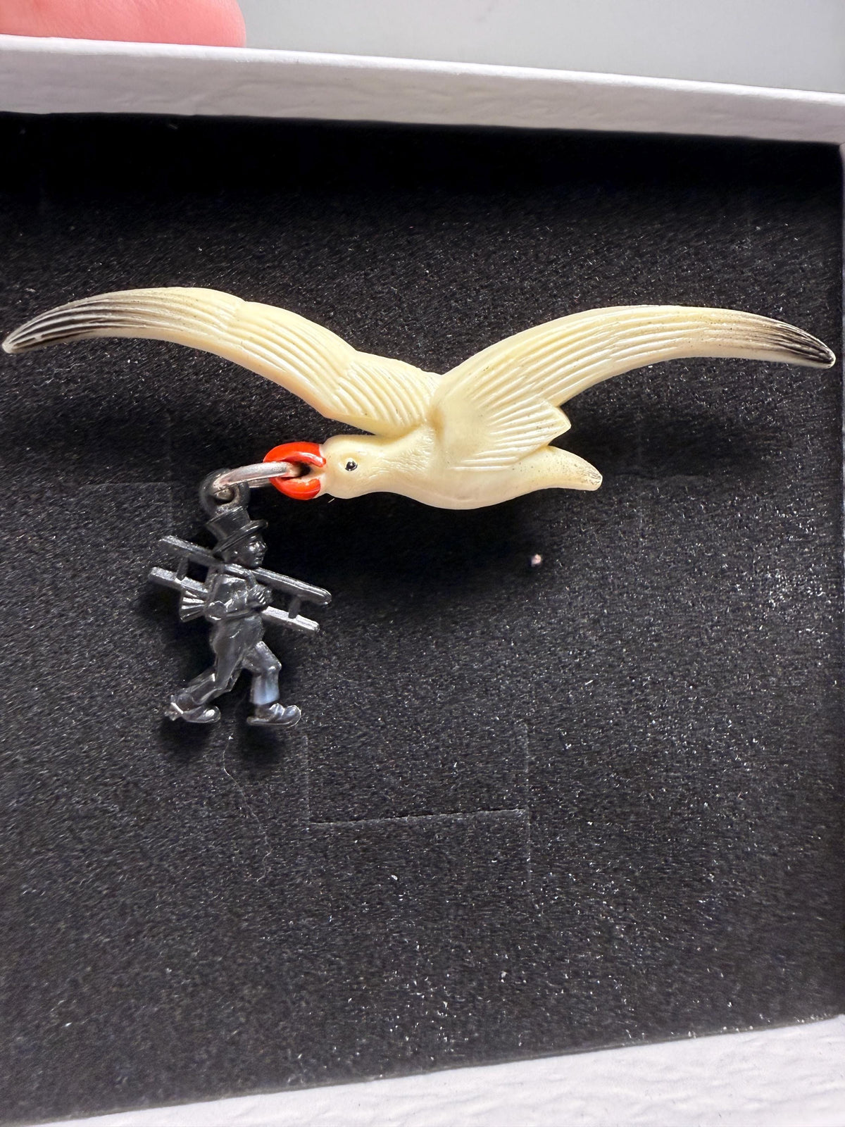 Vintage Seagull Bird Brooch with Chimney Sweep Charm Novelty Figural Brooch