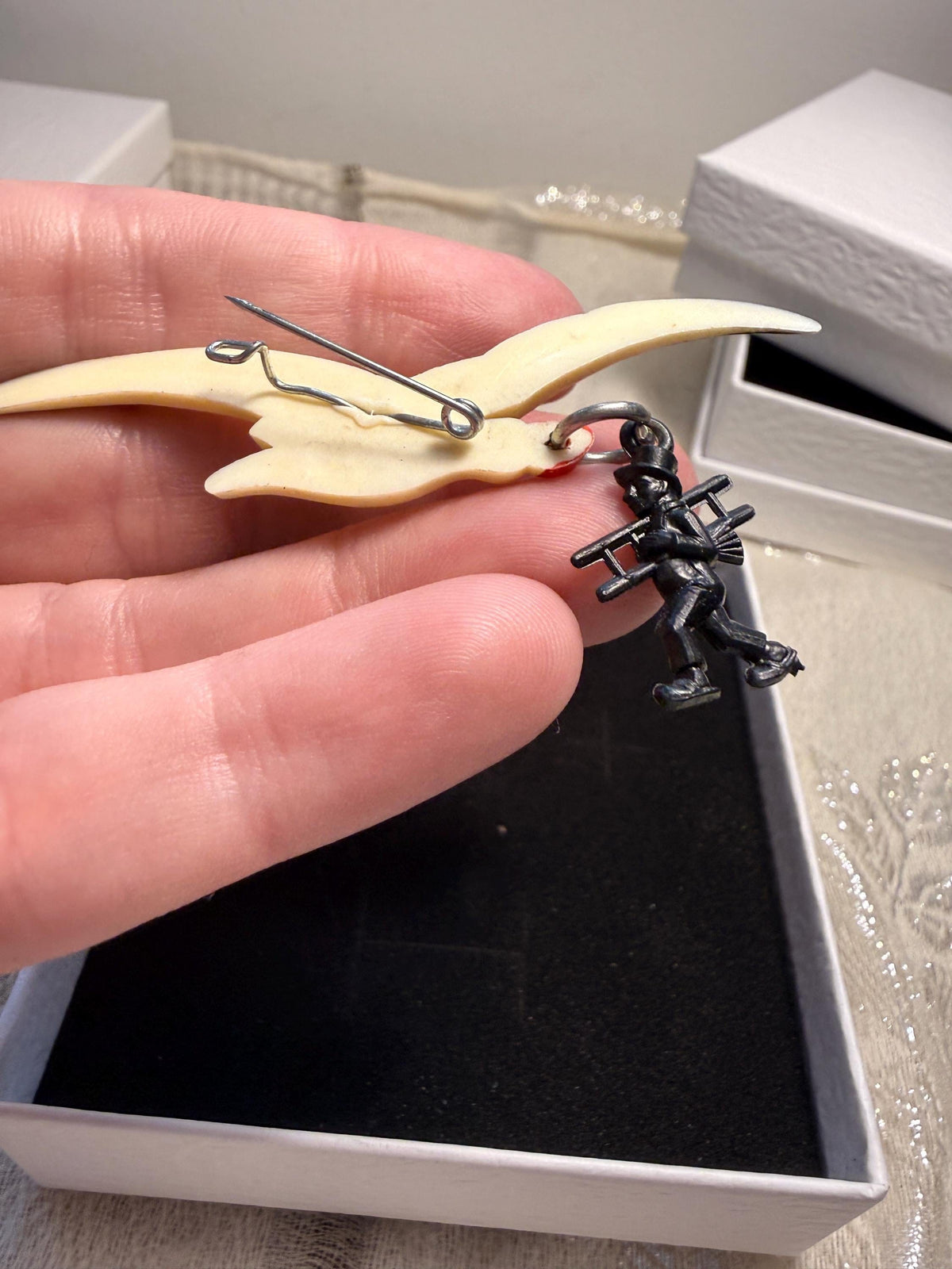 Vintage Seagull Bird Brooch with Chimney Sweep Charm Novelty Figural Brooch