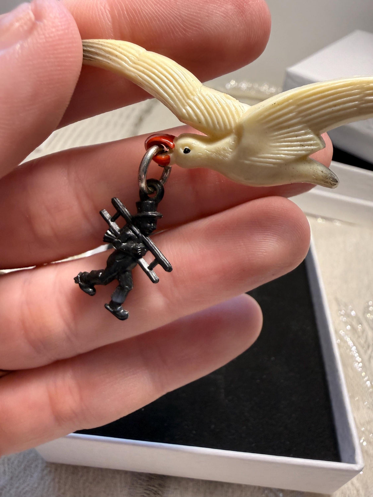 Vintage Seagull Bird Brooch with Chimney Sweep Charm Novelty Figural Brooch