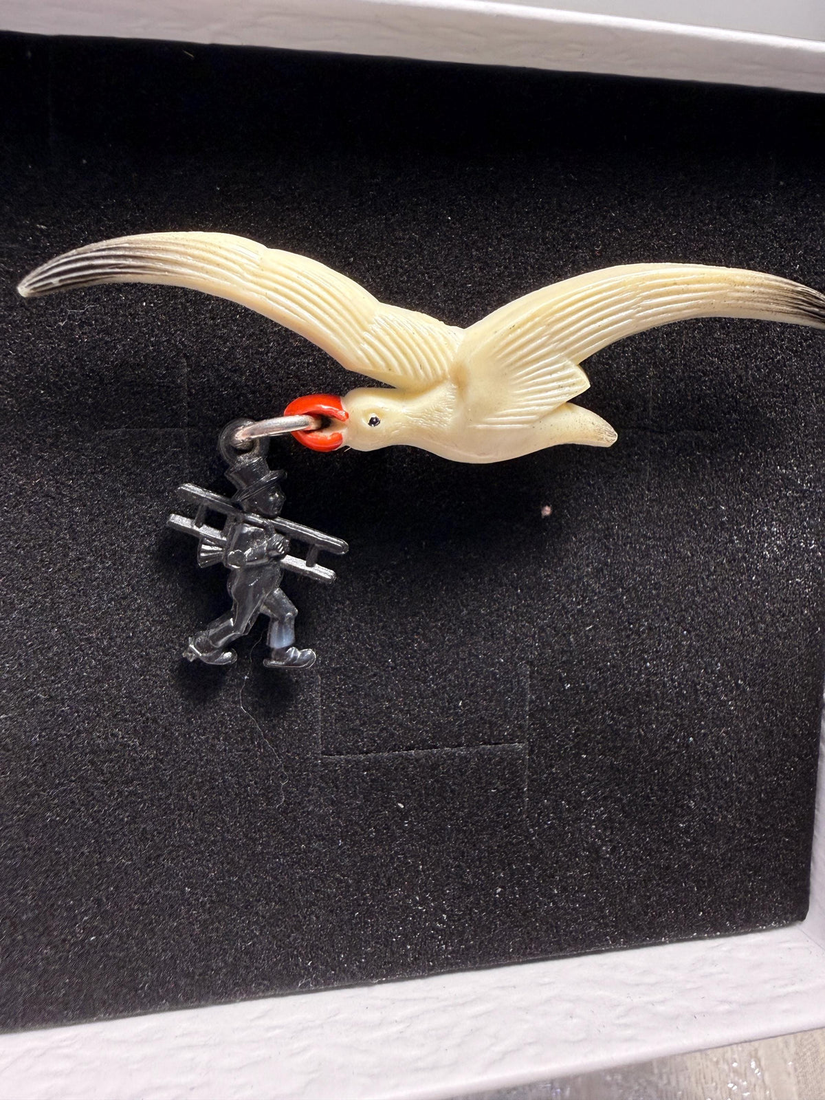 Vintage Seagull Bird Brooch with Chimney Sweep Charm Novelty Figural Brooch