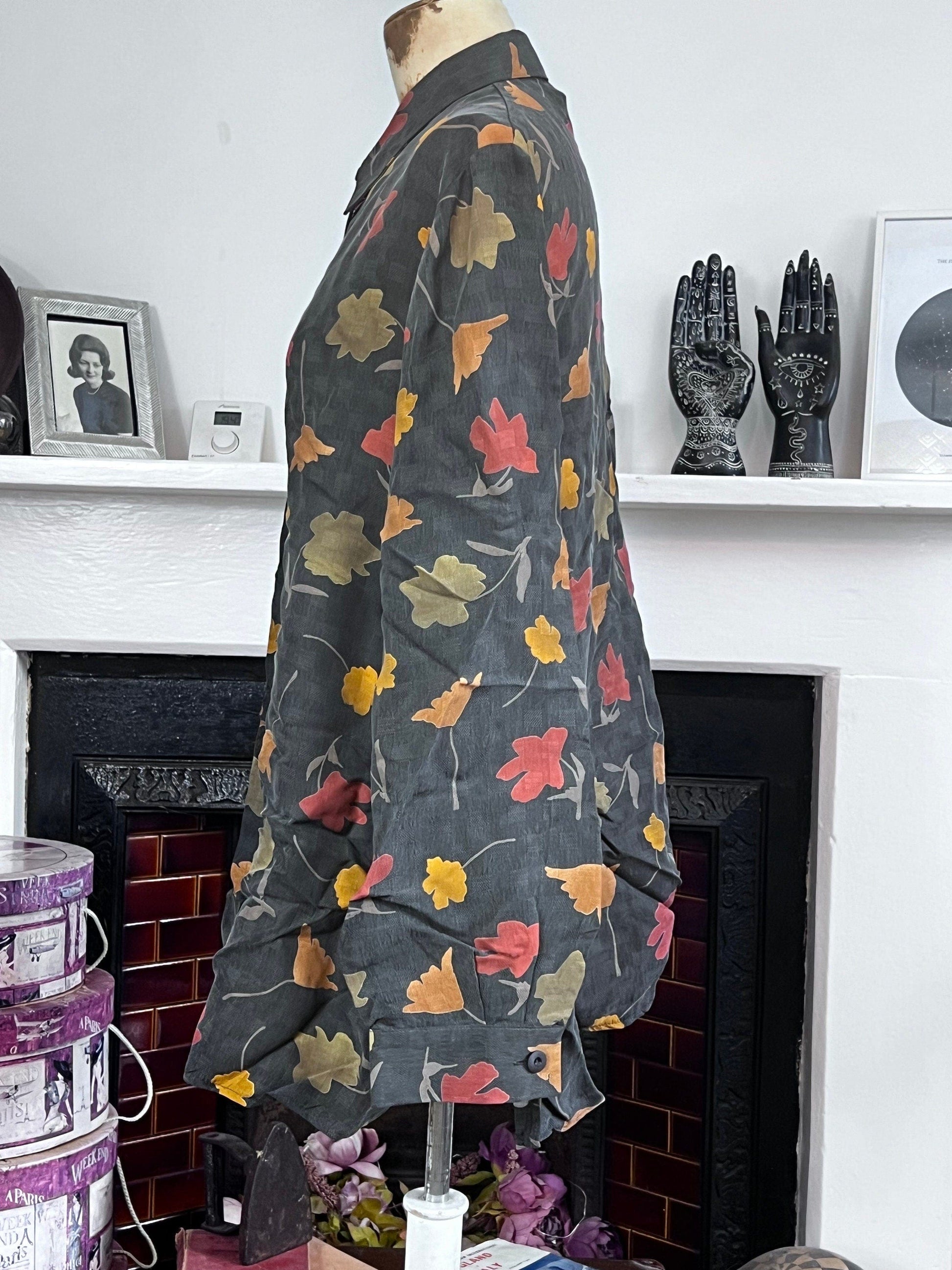 Vintage grey leaf pattern, Silk Blouse - long Sleeve oversized autumn leaf pattern silk vintage shirt, vintage blouse, vintage top, shirt