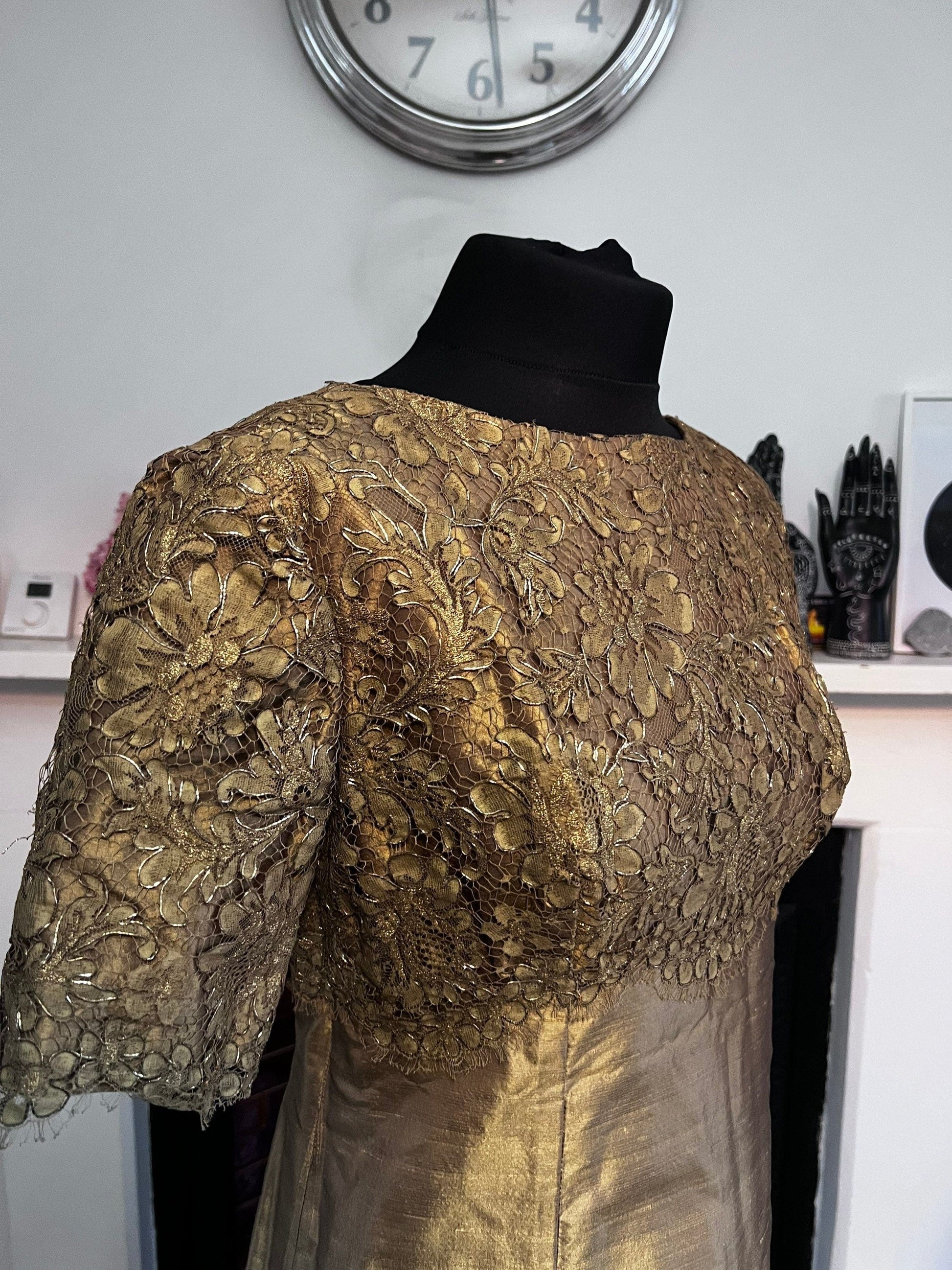 Vintage Silk Dress Bronze Gold Silk Lace Bodice Dress with gold thread lace details Immaculate Condition - 1950s Shot Silk