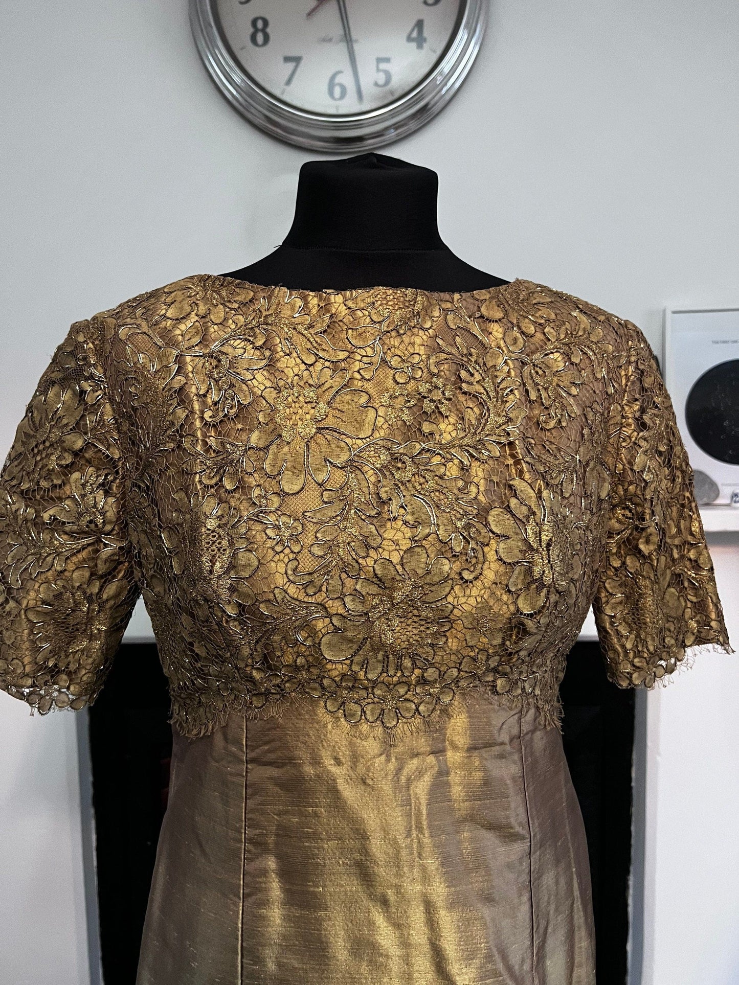 Vintage Silk Dress Bronze Gold Silk Lace Bodice Dress with gold thread lace details Immaculate Condition - 1950s Shot Silk