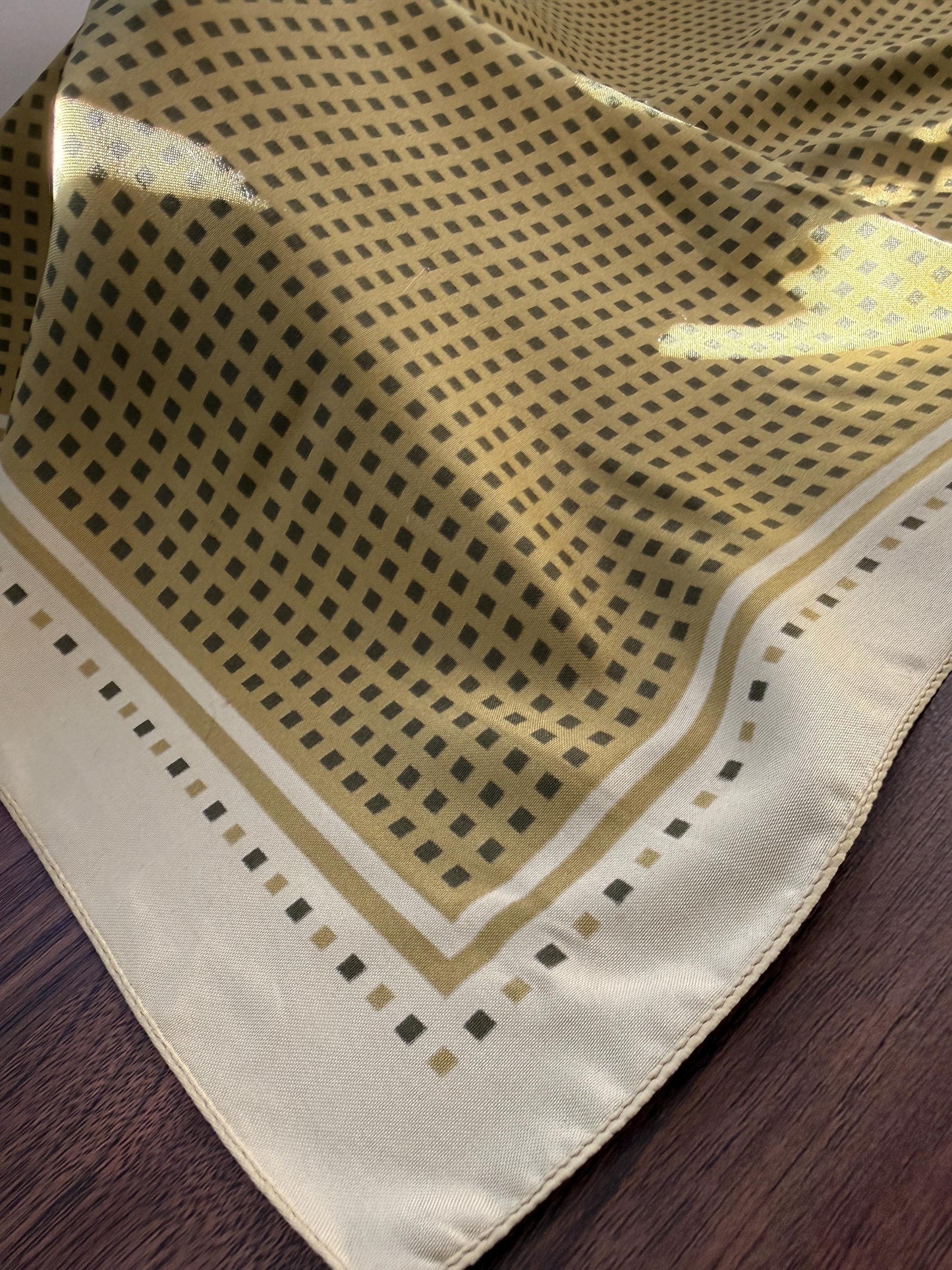 Vintage Silk Pocket Square / Neck Scarf – Olive Green Geometric Print – Classic Mod Retro Scarf