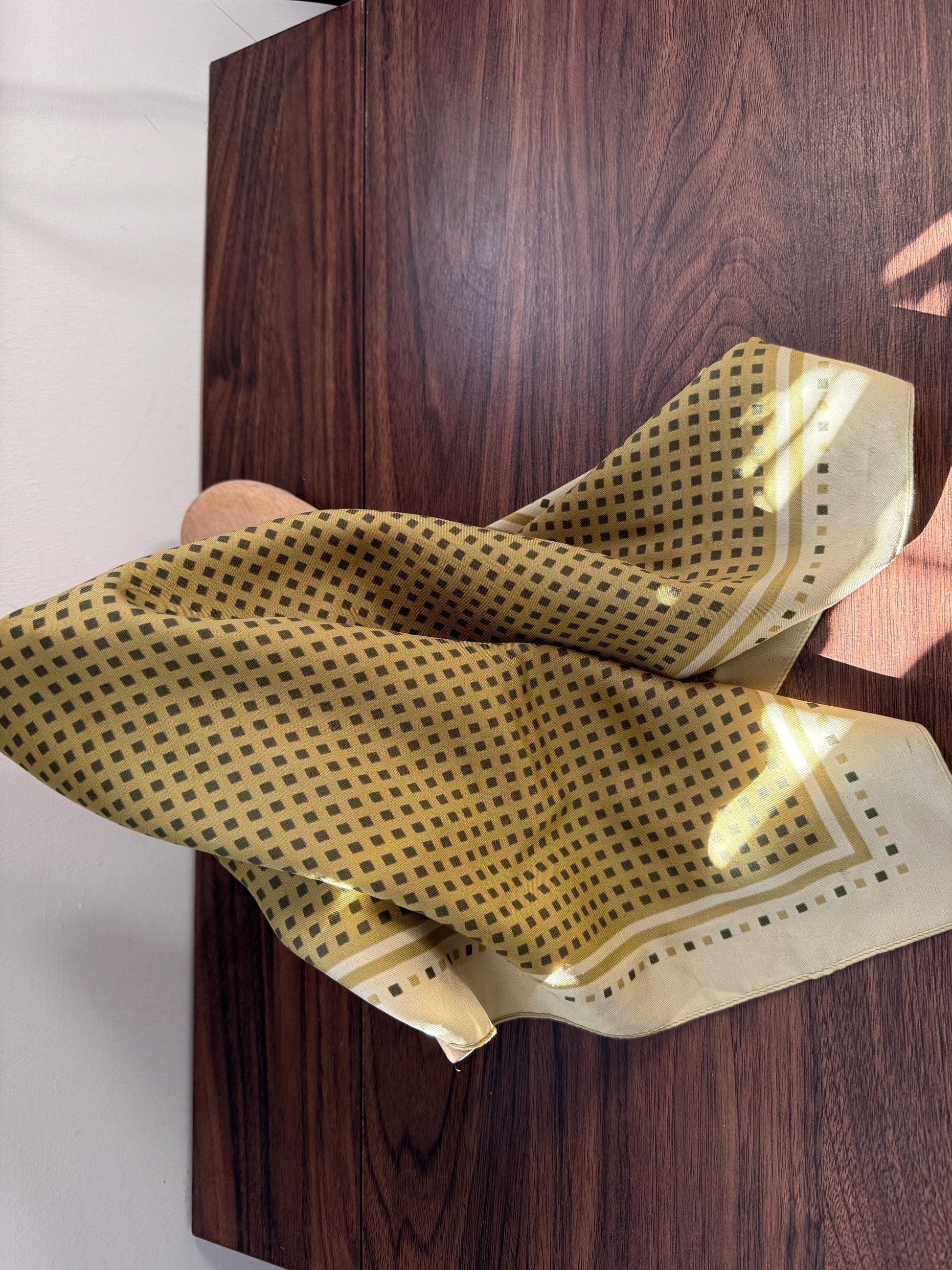 Vintage Silk Pocket Square / Neck Scarf – Olive Green Geometric Print – Classic Mod Retro Scarf