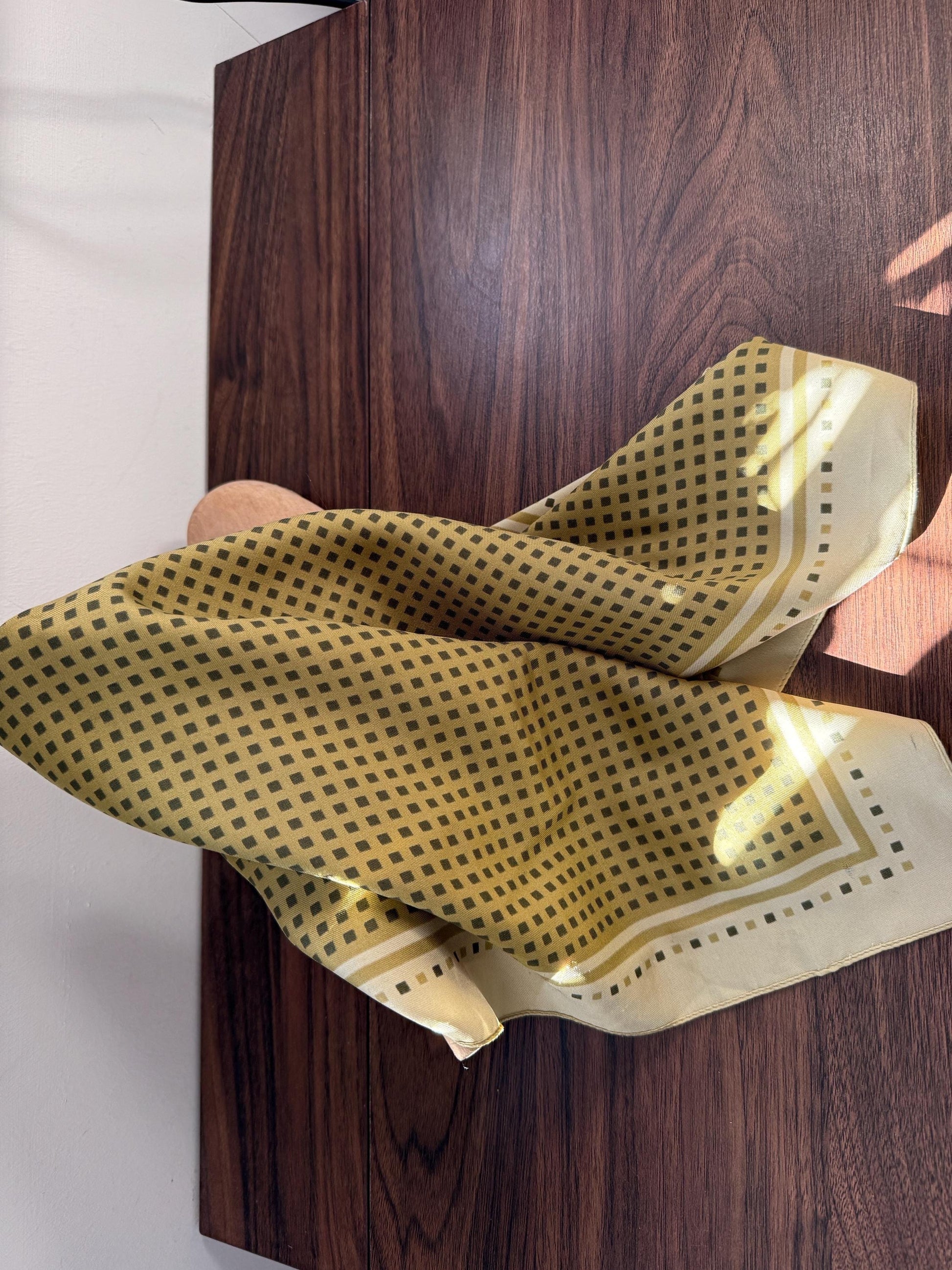 Vintage Silk Pocket Square / Neck Scarf – Olive Green Geometric Print – Classic Mod Retro Scarf