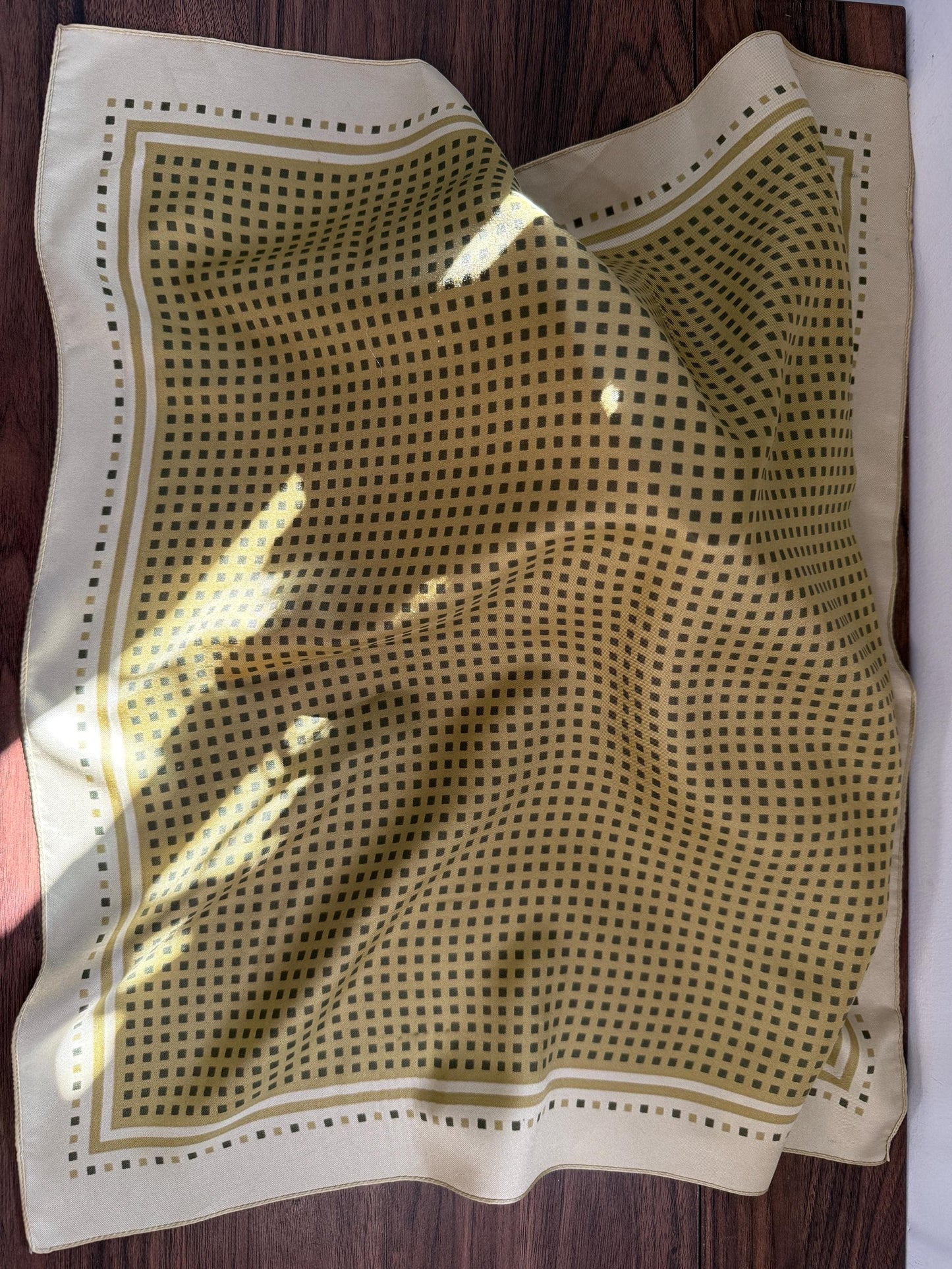 Vintage Silk Pocket Square / Neck Scarf – Olive Green Geometric Print – Classic Mod Retro Scarf