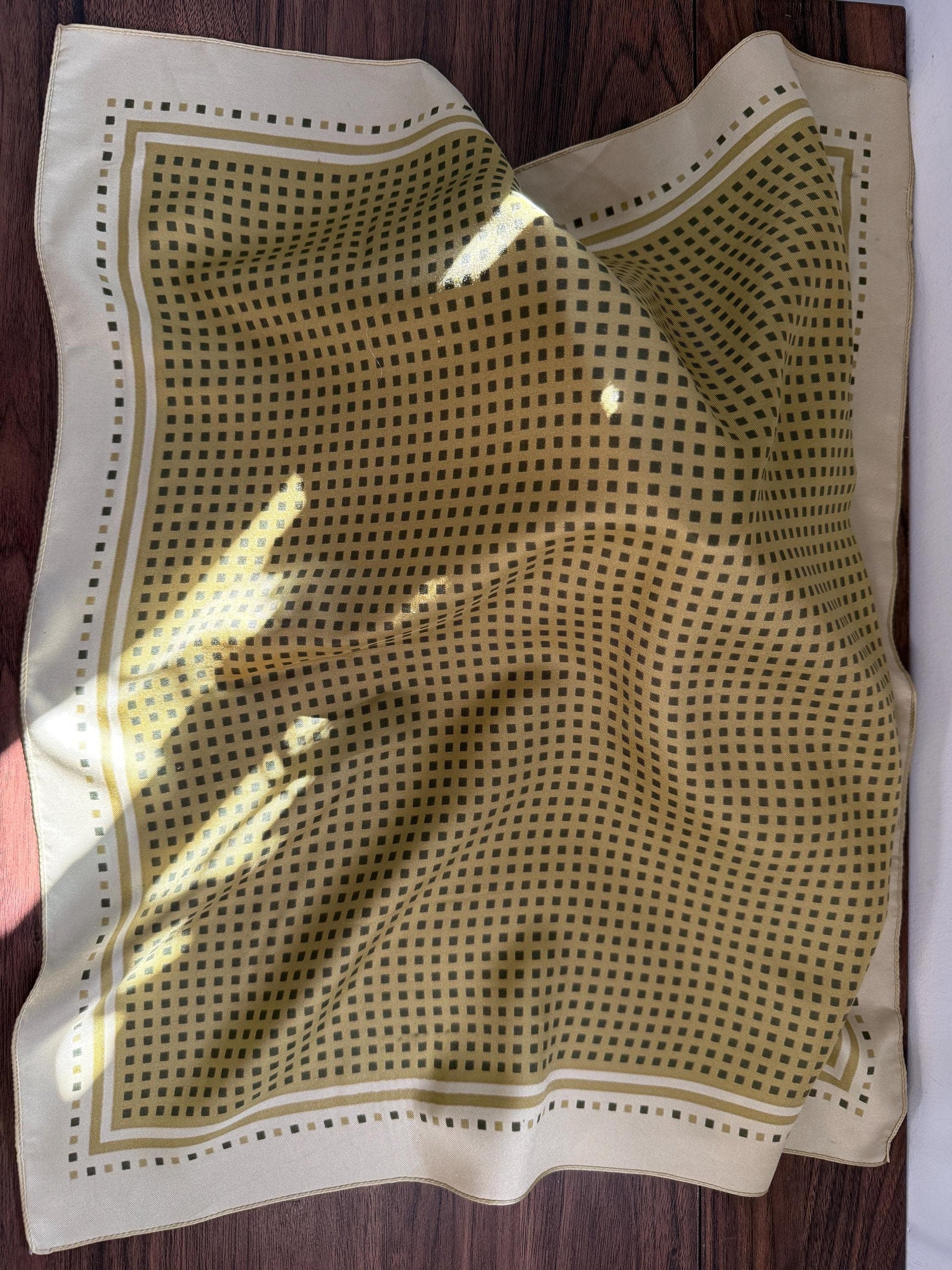Vintage Silk Pocket Square / Neck Scarf – Olive Green Geometric Print – Classic Mod Retro Scarf