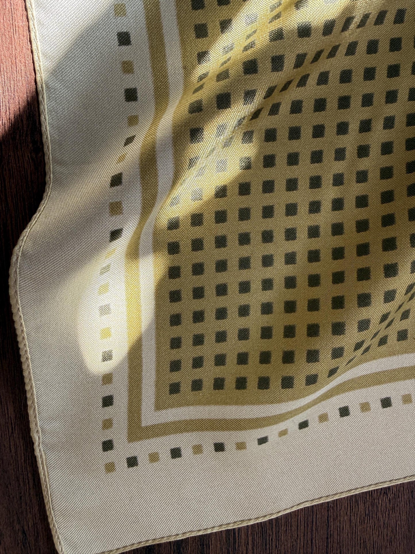 Vintage Silk Pocket Square / Neck Scarf – Olive Green Geometric Print – Classic Mod Retro Scarf