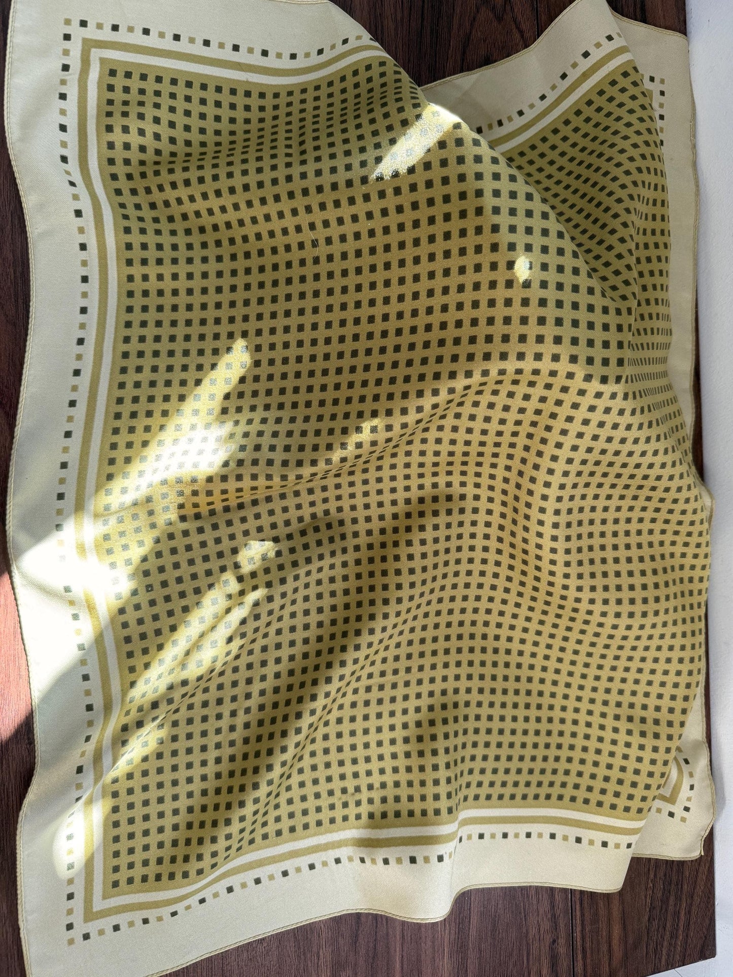 Vintage Silk Pocket Square / Neck Scarf – Olive Green Geometric Print – Classic Mod Retro Scarf
