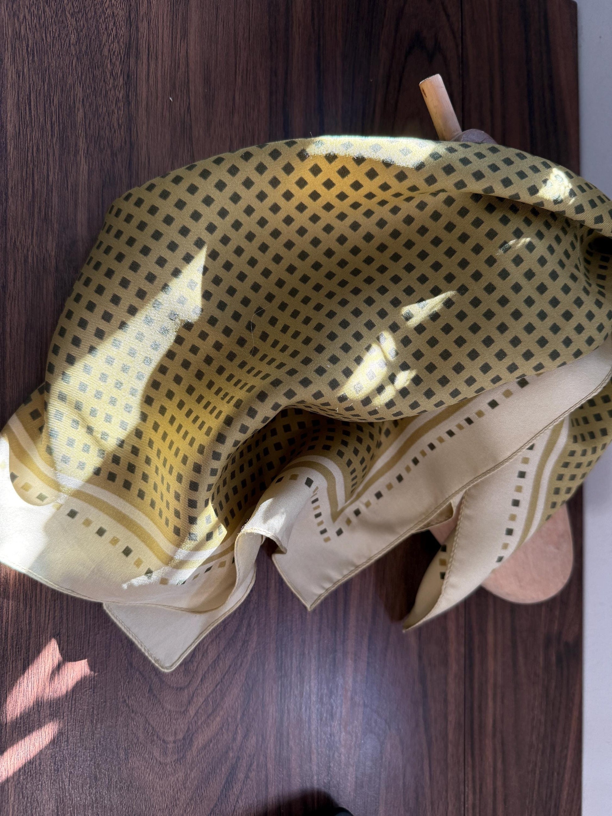 Vintage Silk Pocket Square / Neck Scarf – Olive Green Geometric Print – Classic Mod Retro Scarf