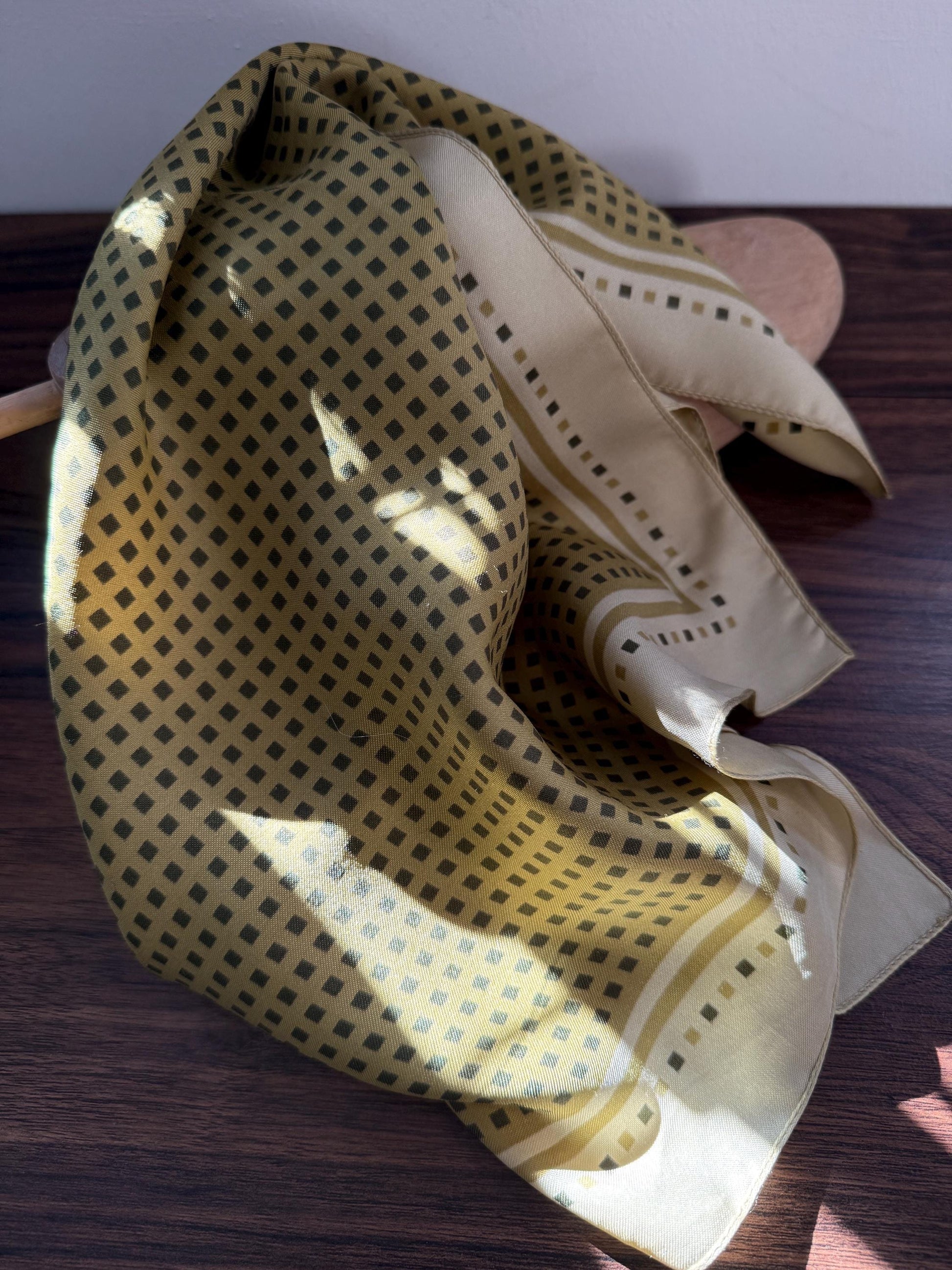 Vintage Silk Pocket Square / Neck Scarf – Olive Green Geometric Print – Classic Mod Retro Scarf