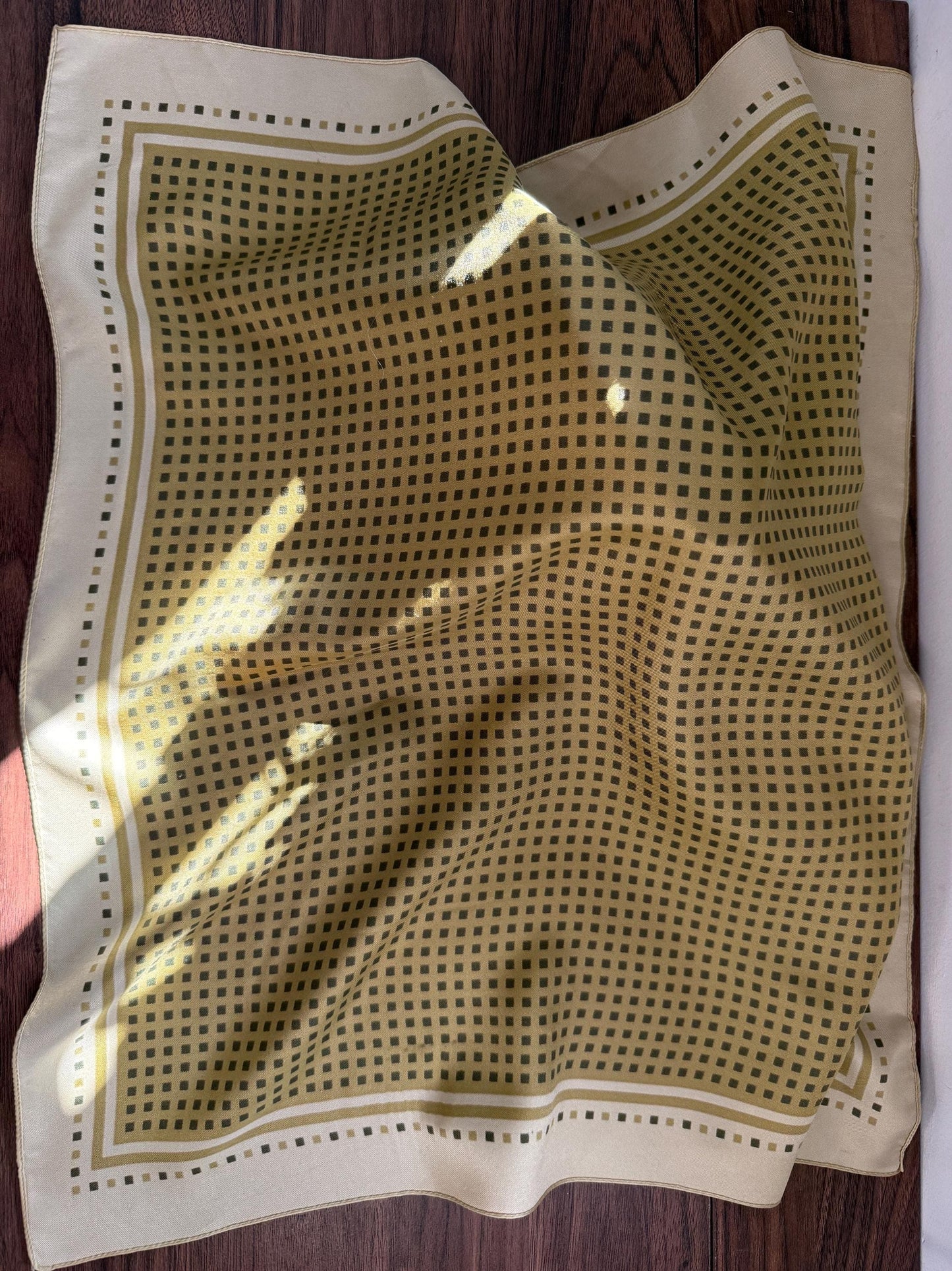 Vintage Silk Pocket Square / Neck Scarf – Olive Green Geometric Print – Classic Mod Retro Scarf