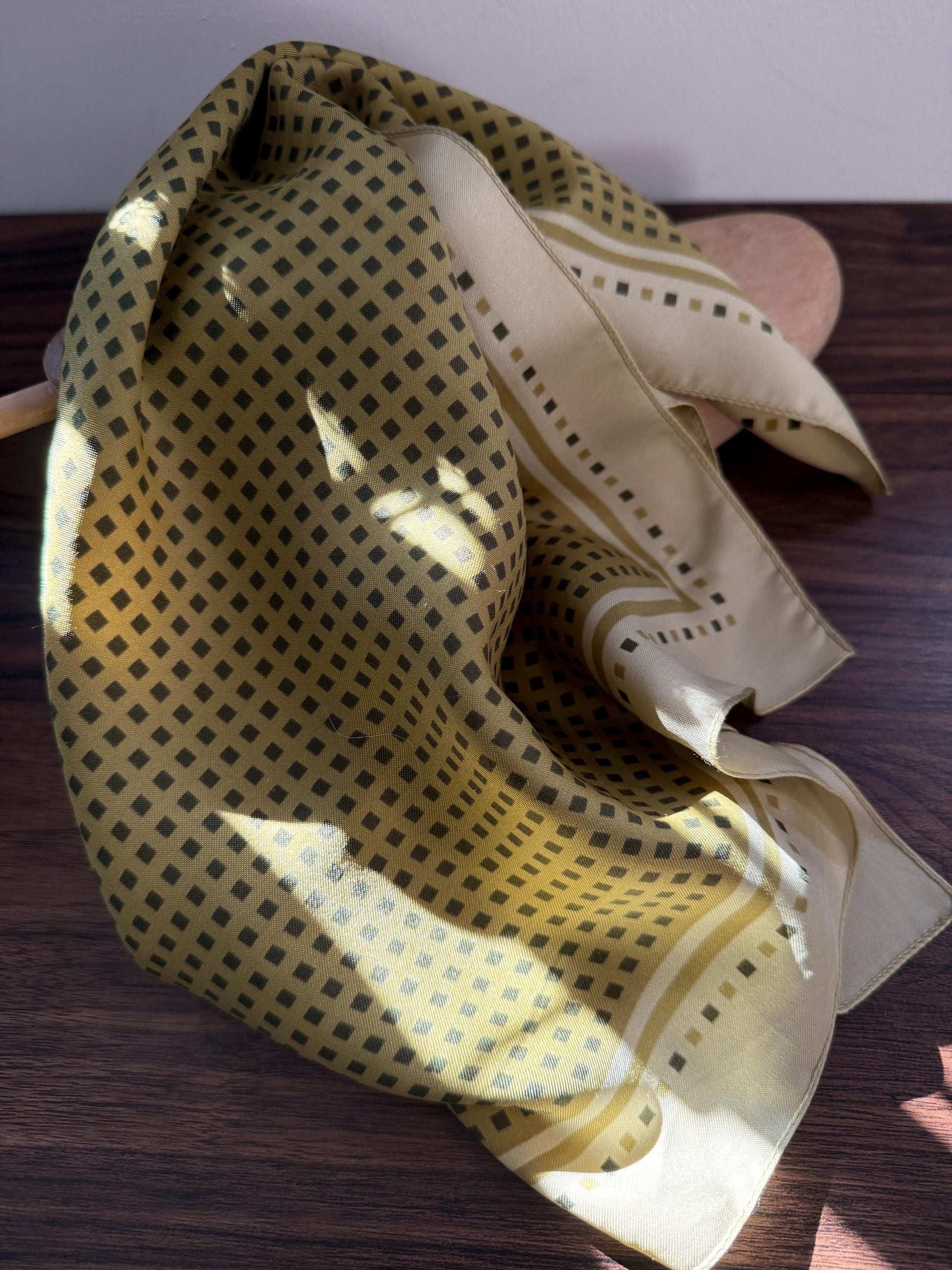 Vintage Silk Pocket Square / Neck Scarf – Olive Green Geometric Print – Classic Mod Retro Scarf