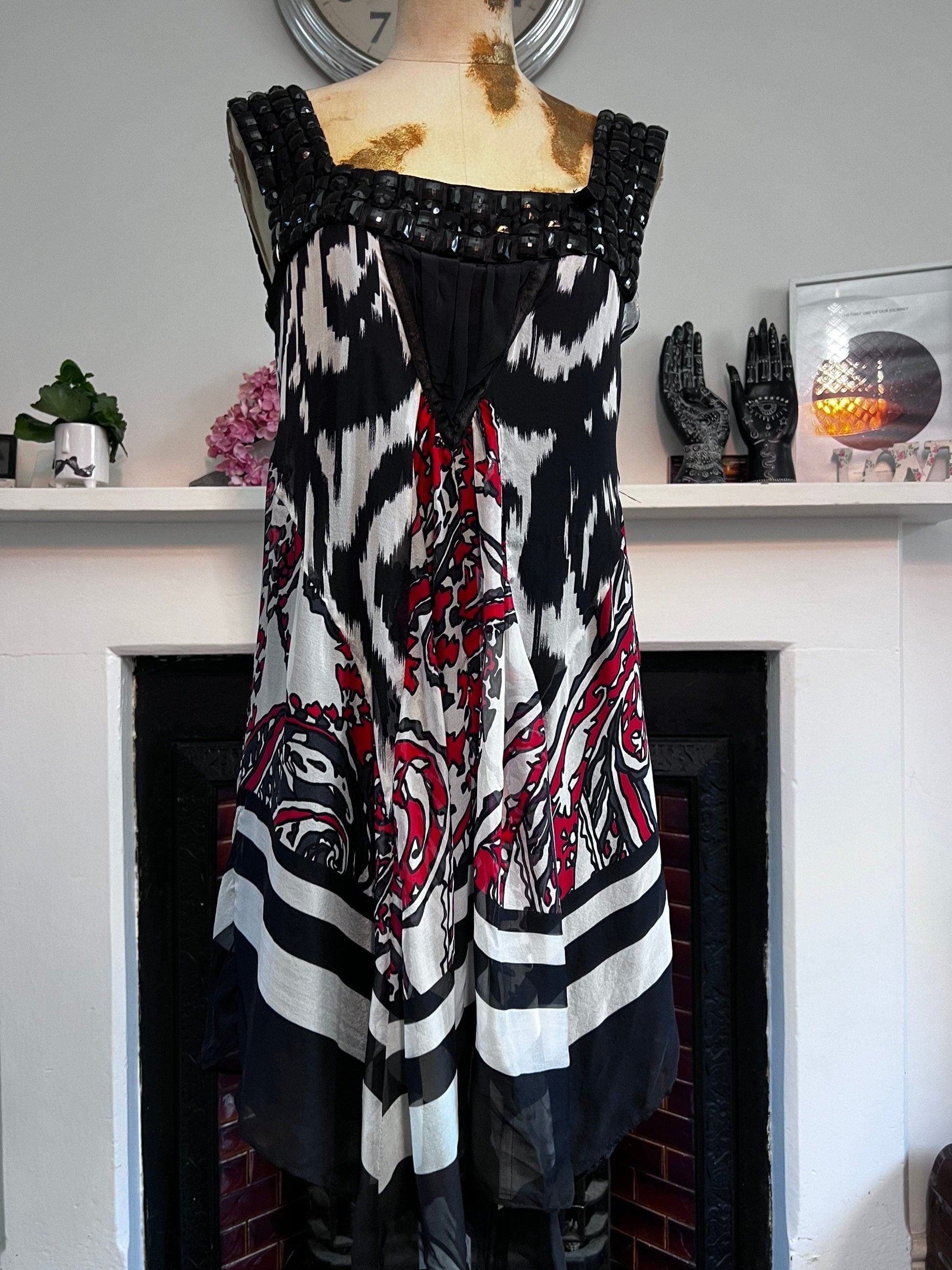 Vintage Silk Scarf Dress 1990s beaded shoulders red black vintage silk dress - Drop Hem Dress UK Medium - Vintage Zara