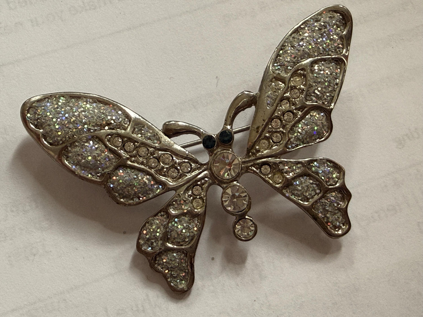 Vintage Silver Tone Butterfly Brooch – Glitter Wings & Clear Rhinestones – Sparkly Insect Costume Jewellery