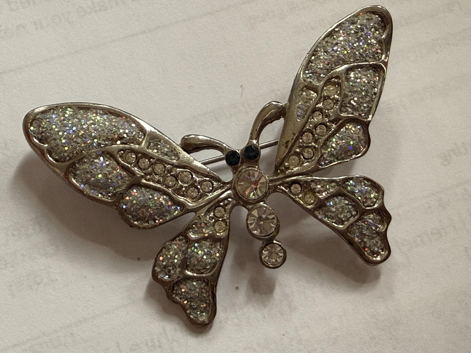 Vintage Silver Tone Butterfly Brooch – Glitter Wings & Clear Rhinestones – Sparkly Insect Costume Jewellery