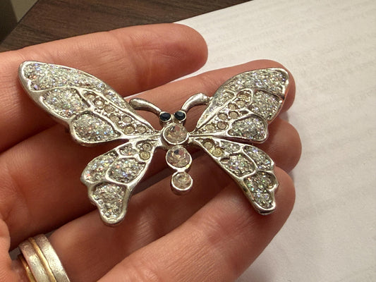 Vintage Silver Tone Butterfly Brooch – Glitter Wings & Clear Rhinestones – Sparkly Insect Costume Jewellery