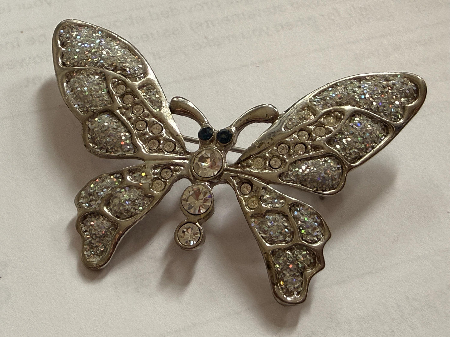Vintage Silver Tone Butterfly Brooch – Glitter Wings & Clear Rhinestones – Sparkly Insect Costume Jewellery