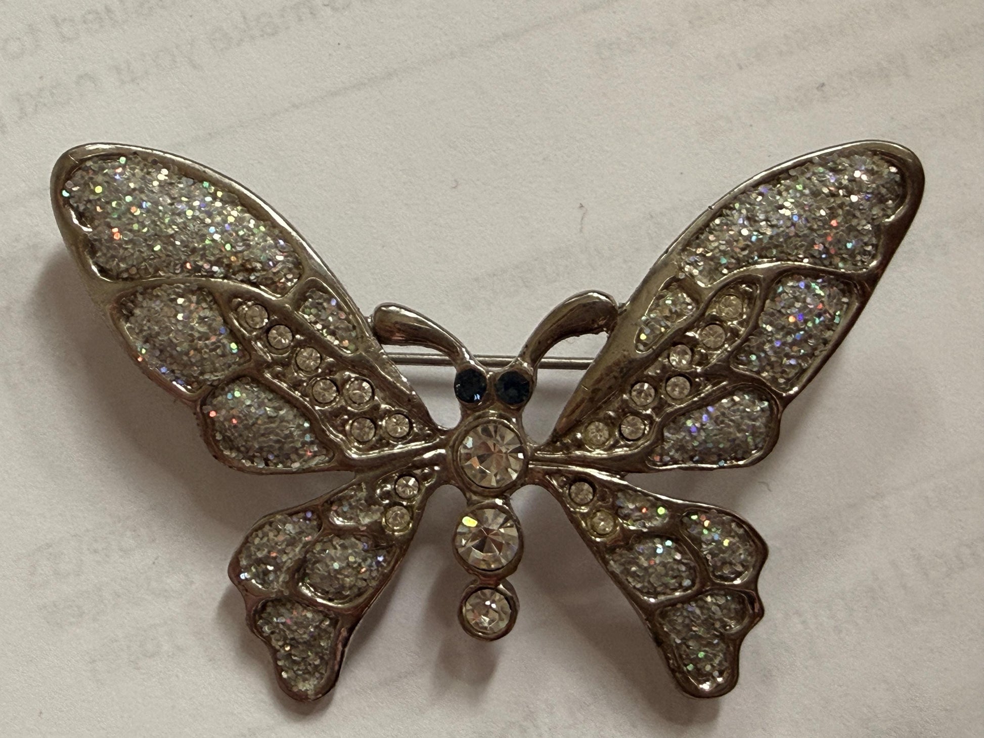Vintage Silver Tone Butterfly Brooch – Glitter Wings & Clear Rhinestones – Sparkly Insect Costume Jewellery