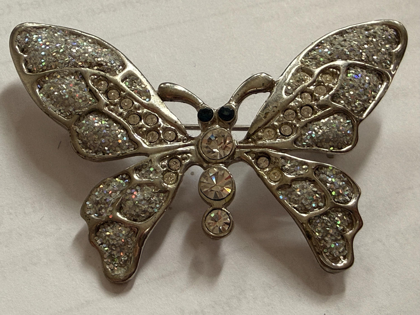 Vintage Silver Tone Butterfly Brooch – Glitter Wings & Clear Rhinestones – Sparkly Insect Costume Jewellery