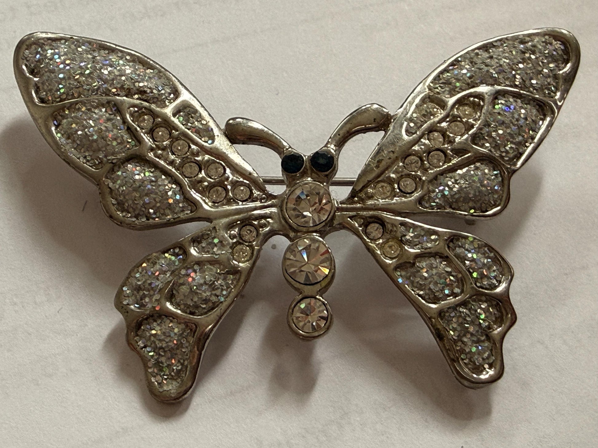 Vintage Silver Tone Butterfly Brooch – Glitter Wings & Clear Rhinestones – Sparkly Insect Costume Jewellery