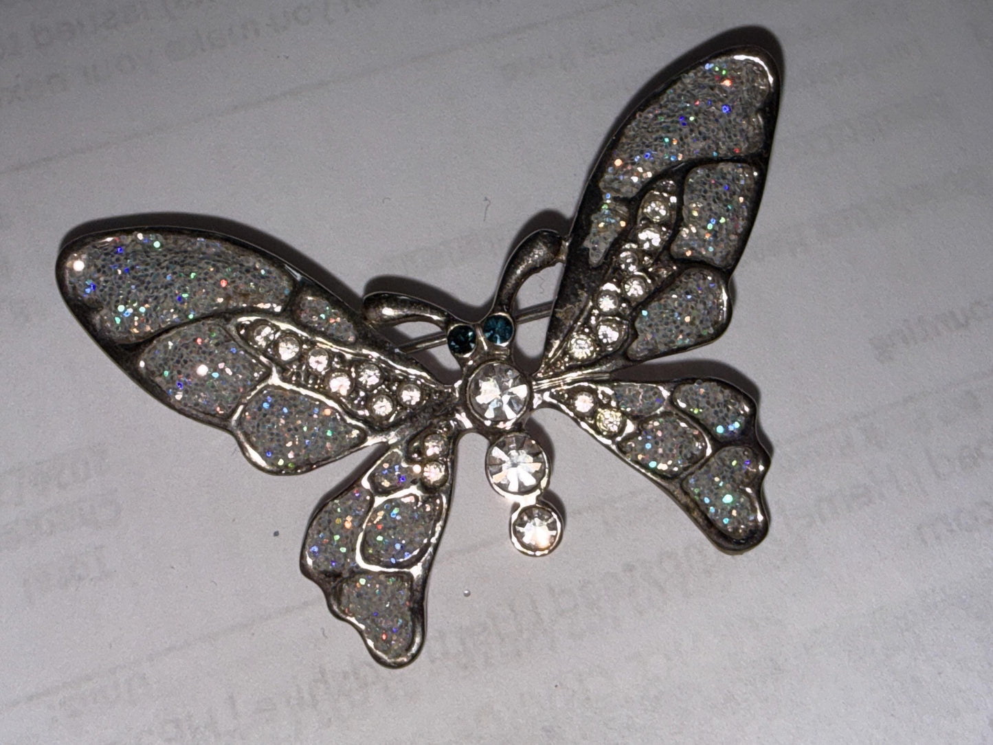 Vintage Silver Tone Butterfly Brooch – Glitter Wings & Clear Rhinestones – Sparkly Insect Costume Jewellery