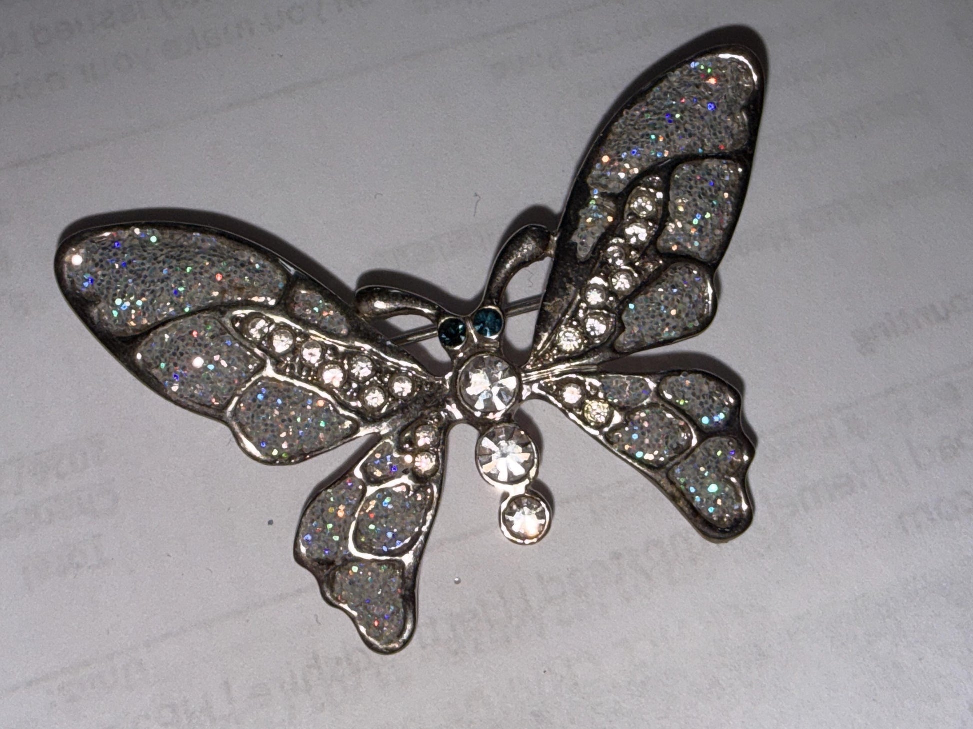 Vintage Silver Tone Butterfly Brooch – Glitter Wings & Clear Rhinestones – Sparkly Insect Costume Jewellery