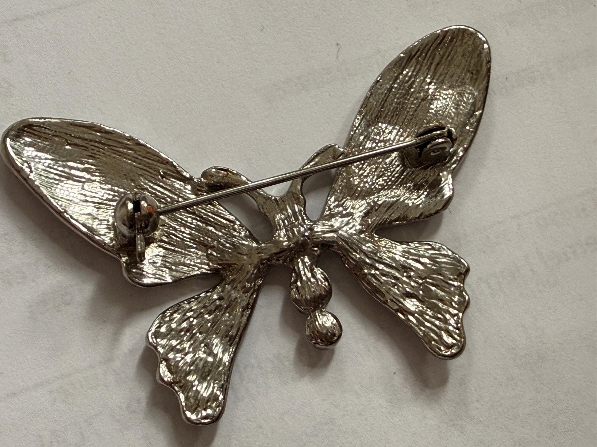 Vintage Silver Tone Butterfly Brooch – Glitter Wings & Clear Rhinestones – Sparkly Insect Costume Jewellery