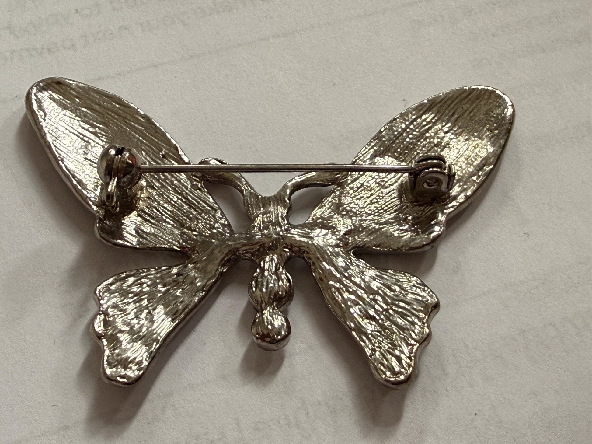 Vintage Silver Tone Butterfly Brooch – Glitter Wings & Clear Rhinestones – Sparkly Insect Costume Jewellery
