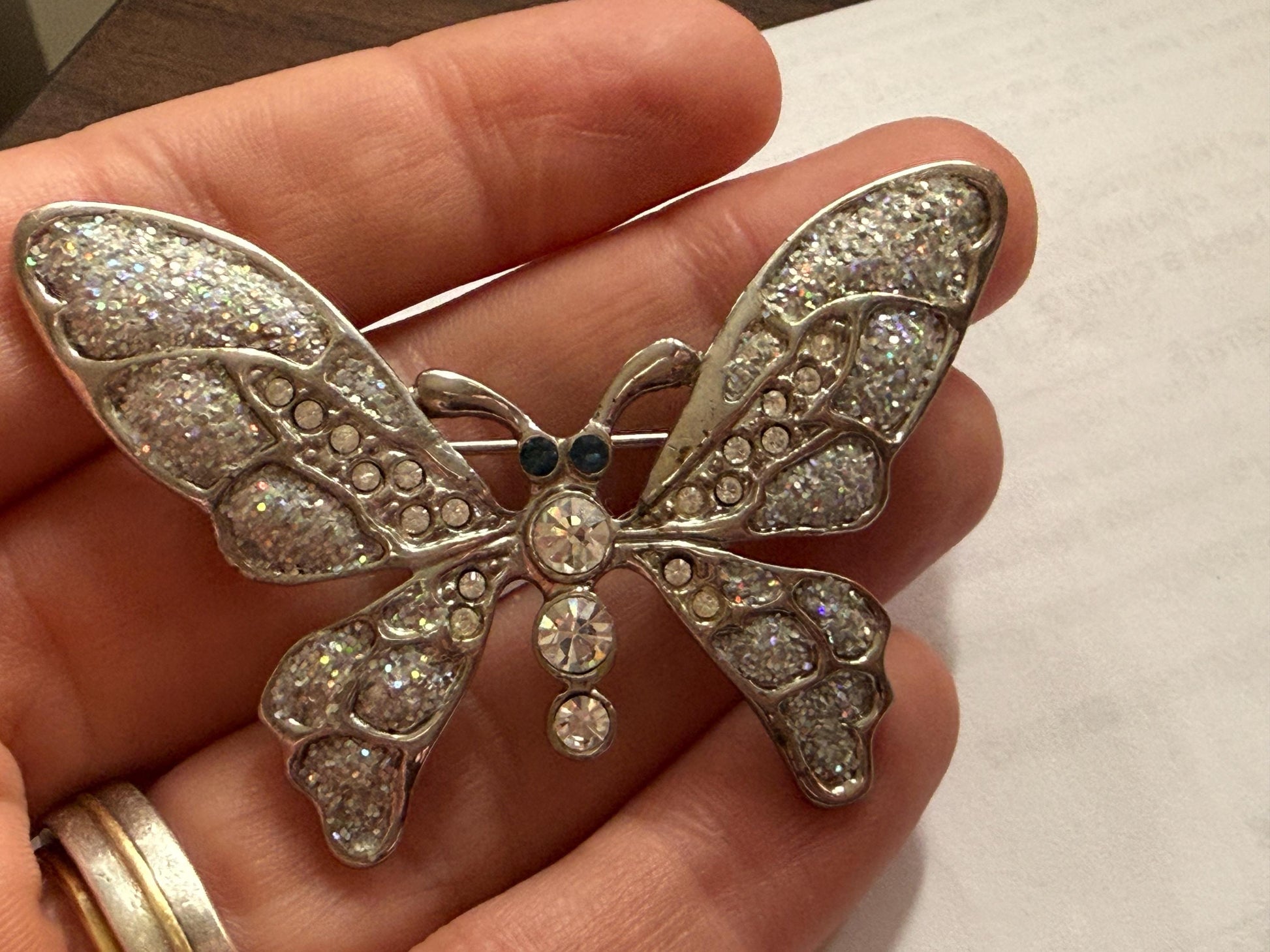 Vintage Silver Tone Butterfly Brooch – Glitter Wings & Clear Rhinestones – Sparkly Insect Costume Jewellery