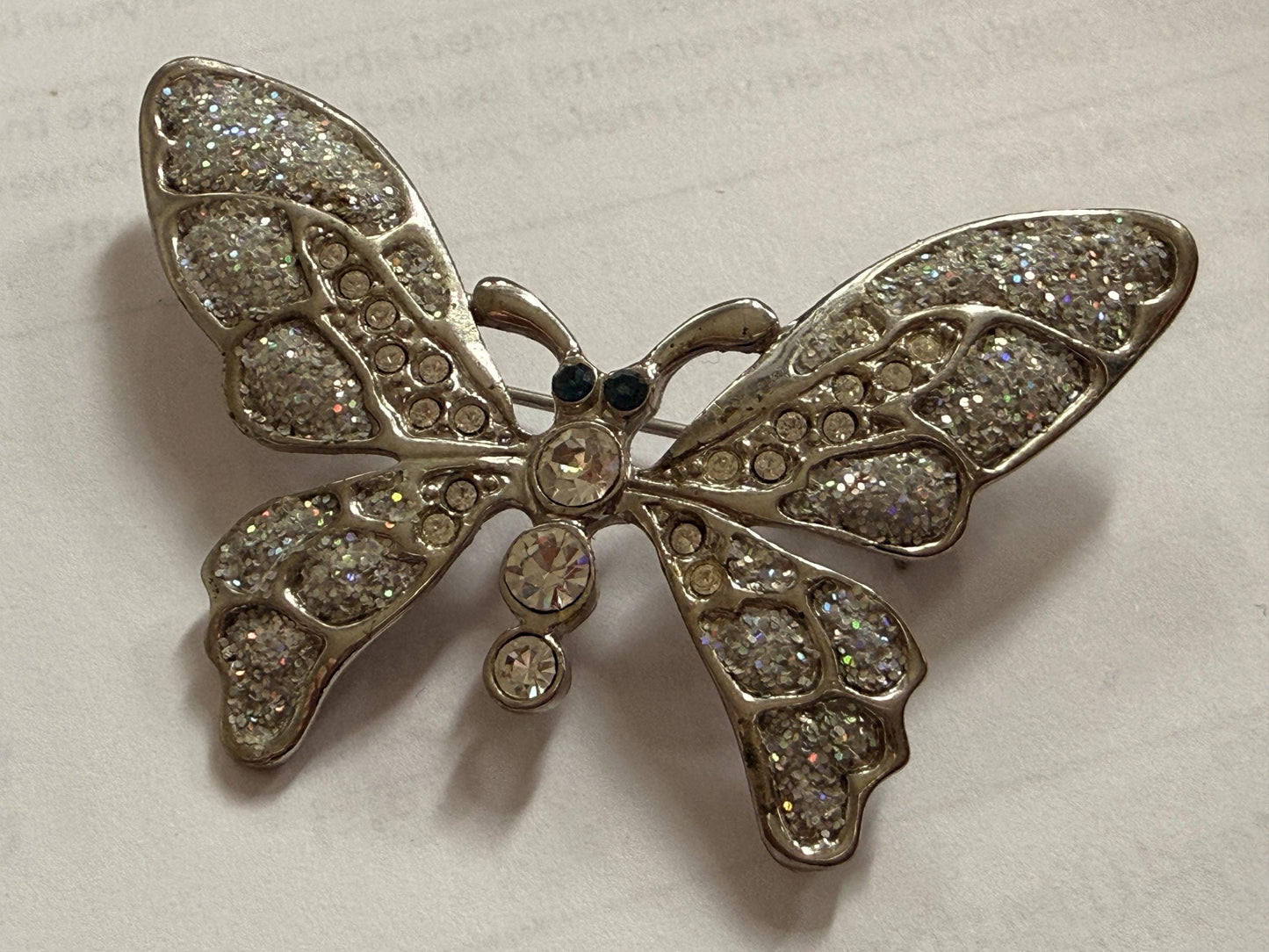 Vintage Silver Tone Butterfly Brooch – Glitter Wings & Clear Rhinestones – Sparkly Insect Costume Jewellery