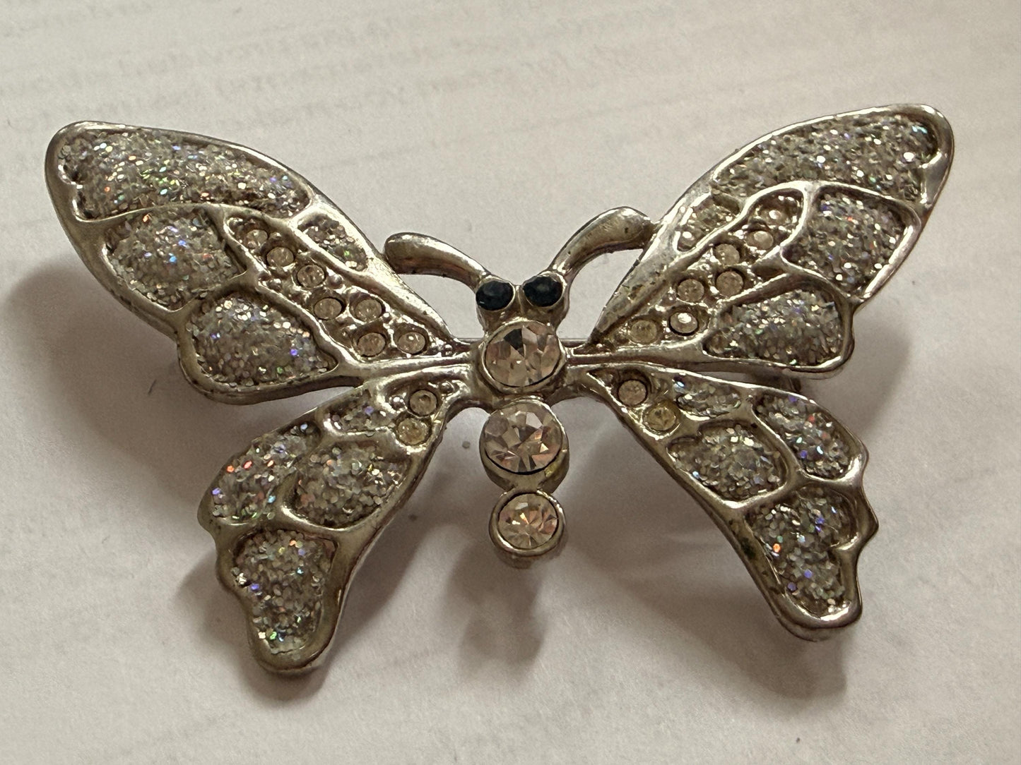 Vintage Silver Tone Butterfly Brooch – Glitter Wings & Clear Rhinestones – Sparkly Insect Costume Jewellery