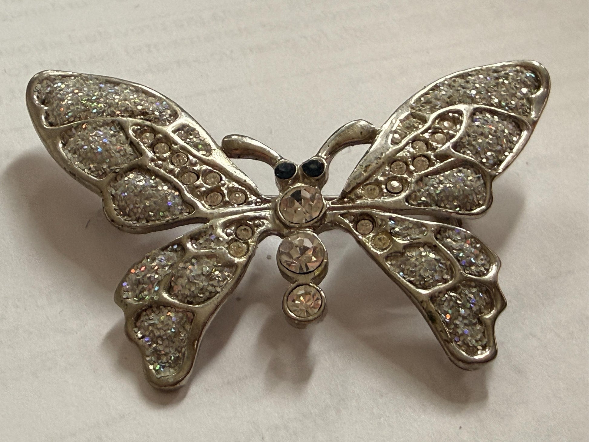 Vintage Silver Tone Butterfly Brooch – Glitter Wings & Clear Rhinestones – Sparkly Insect Costume Jewellery