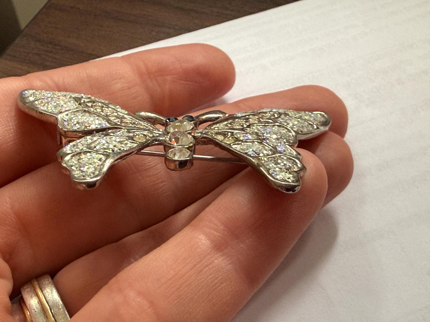 Vintage Silver Tone Butterfly Brooch – Glitter Wings & Clear Rhinestones – Sparkly Insect Costume Jewellery