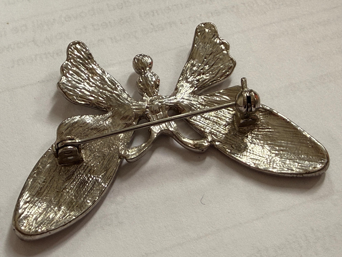 Vintage Silver Tone Butterfly Brooch – Glitter Wings & Clear Rhinestones – Sparkly Insect Costume Jewellery