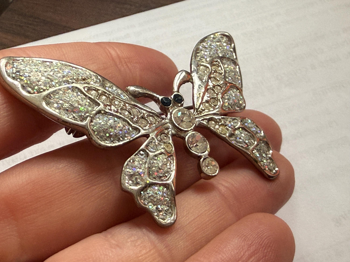 Vintage Silver Tone Butterfly Brooch – Glitter Wings & Clear Rhinestones – Sparkly Insect Costume Jewellery