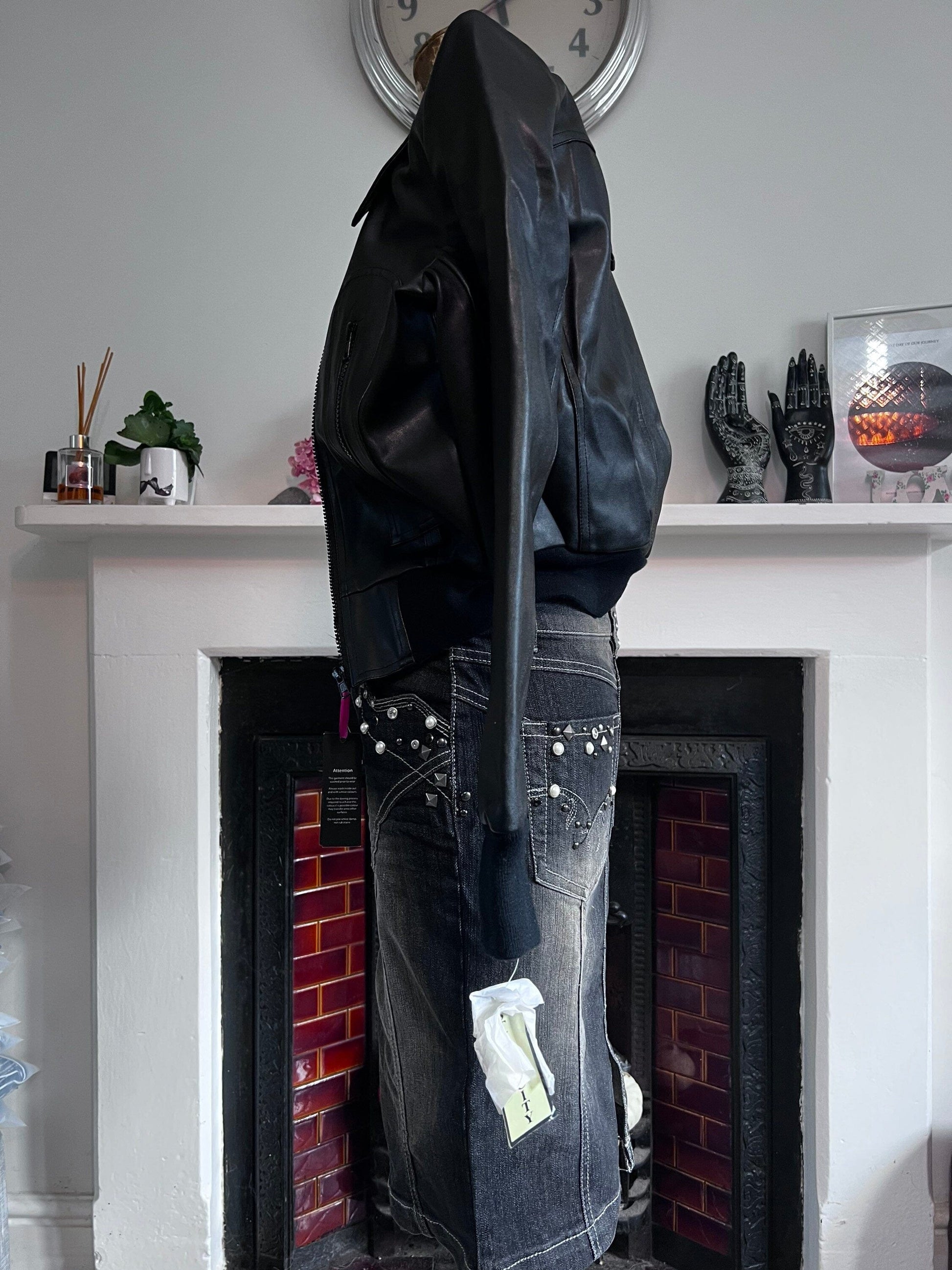 Vintage Black Denim Western Style Studded Skirt - dark stretch Skirt - Straight Denim Skirt 80s Black Stretch Skirt - UK10 - Unworn