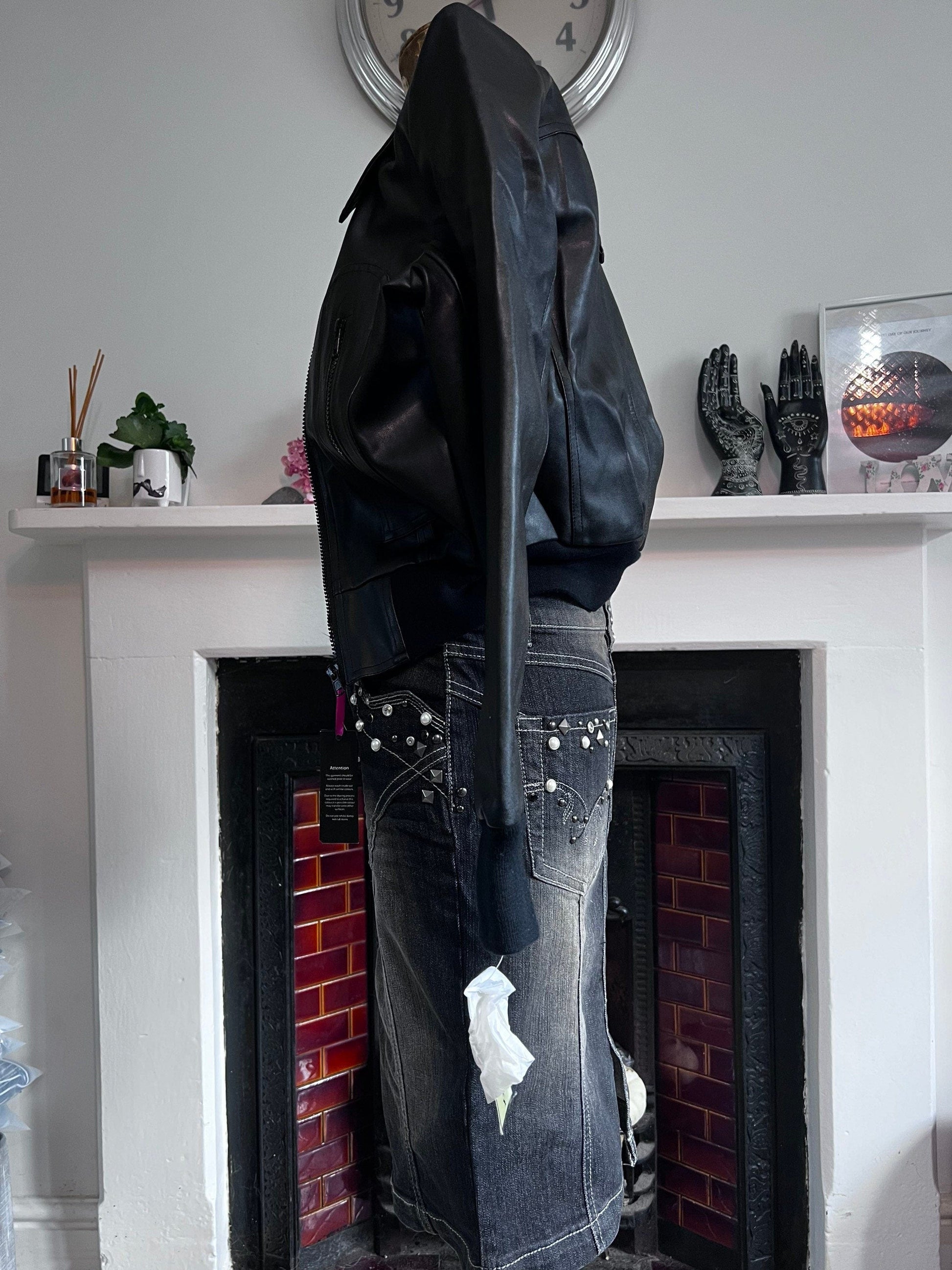 Vintage Black Denim Western Style Studded Skirt - dark stretch Skirt - Straight Denim Skirt 80s Black Stretch Skirt - UK10 - Unworn