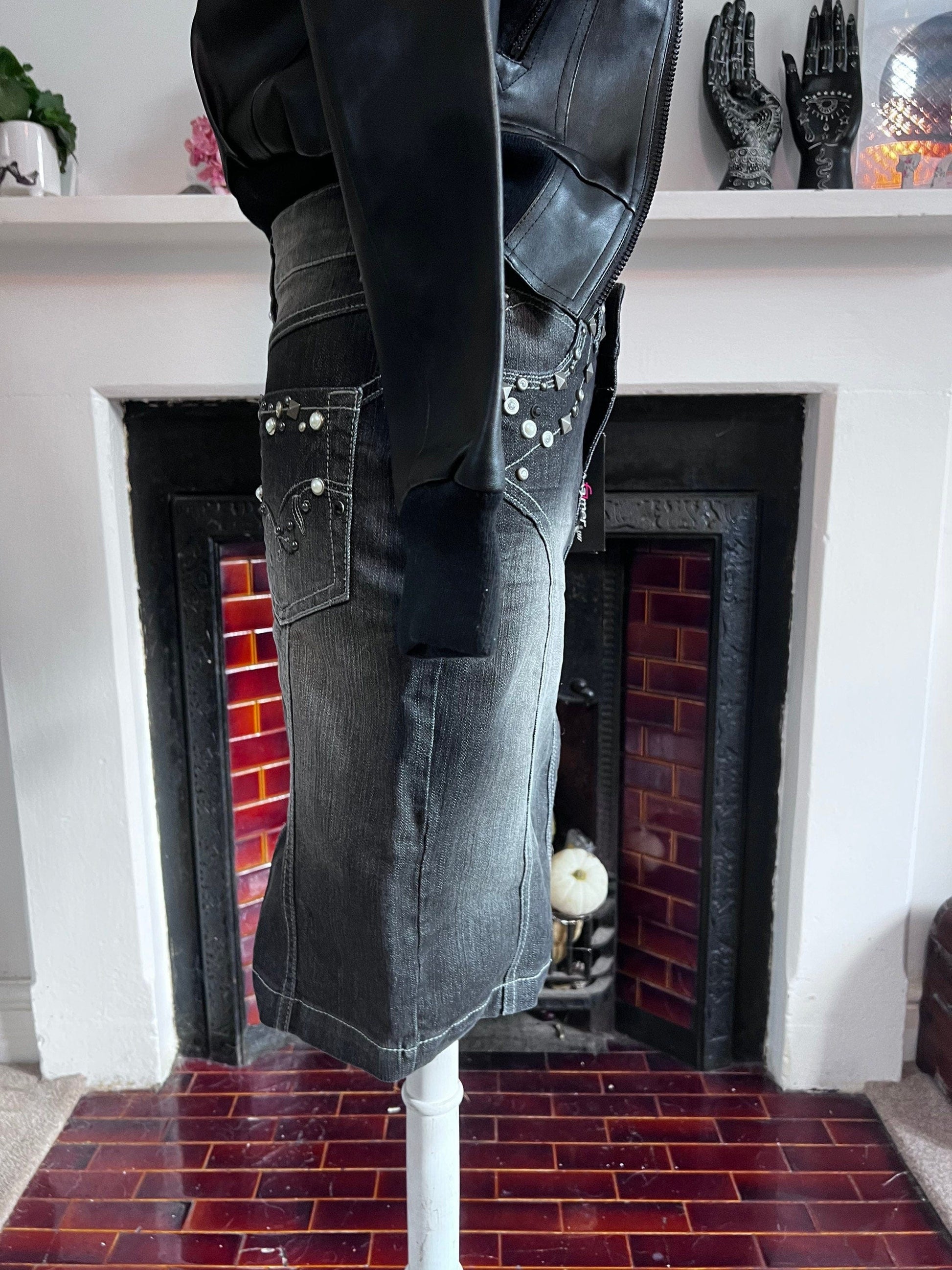 Vintage Black Denim Western Style Studded Skirt - dark stretch Skirt - Straight Denim Skirt 80s Black Stretch Skirt - UK10 - Unworn