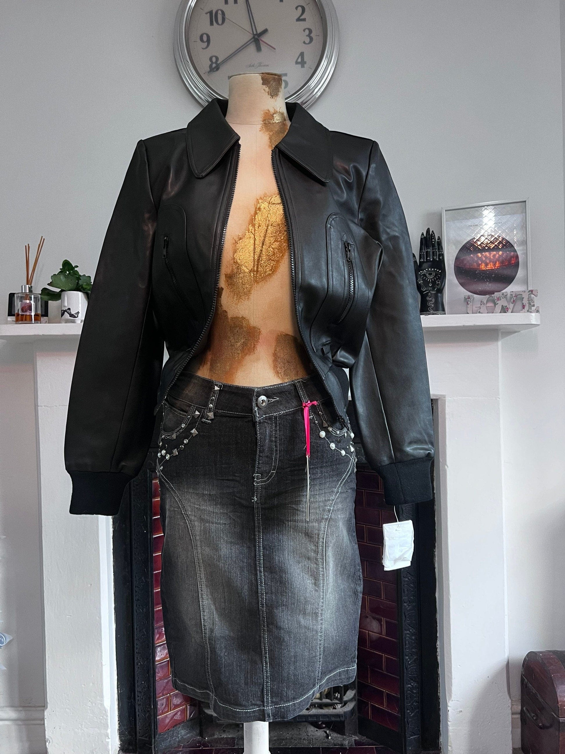Vintage Black Denim Western Style Studded Skirt - dark stretch Skirt - Straight Denim Skirt 80s Black Stretch Skirt - UK10 - Unworn