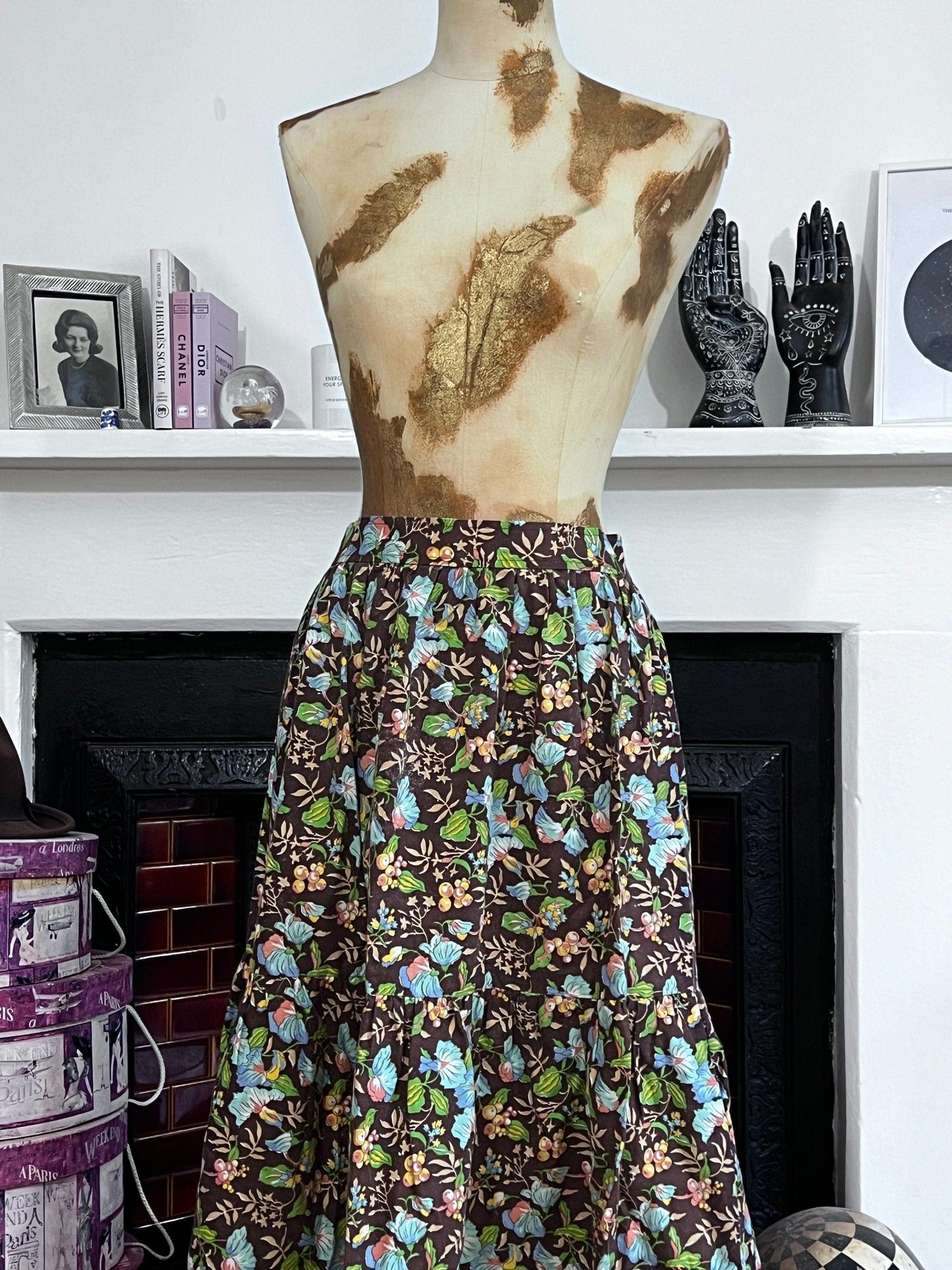 Vintage Skirt Brown Floral Leaf Liberty Fabric Handmade Skirt knee Length Blue Brown Green Floral Vintage Libert fabric handmade skirt 1970