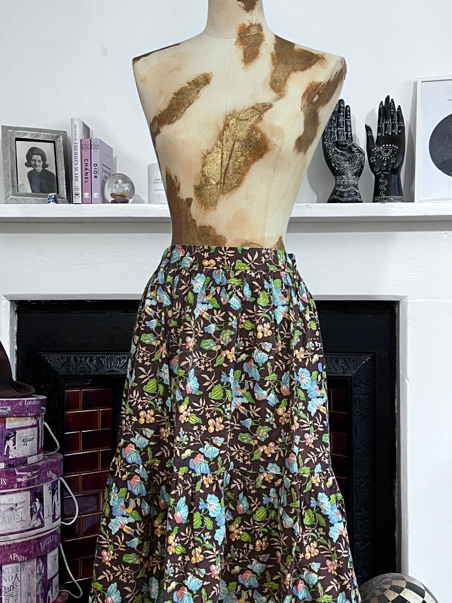 Vintage Skirt Brown Floral Leaf Liberty Fabric Handmade Skirt knee Length Blue Brown Green Floral Vintage Libert fabric handmade skirt 1970