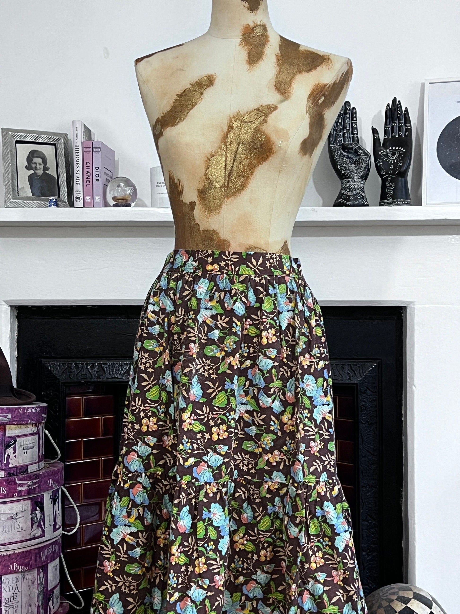 Vintage Skirt Brown Floral Leaf Liberty Fabric Handmade Skirt knee Length Blue Brown Green Floral Vintage Libert fabric handmade skirt 1970