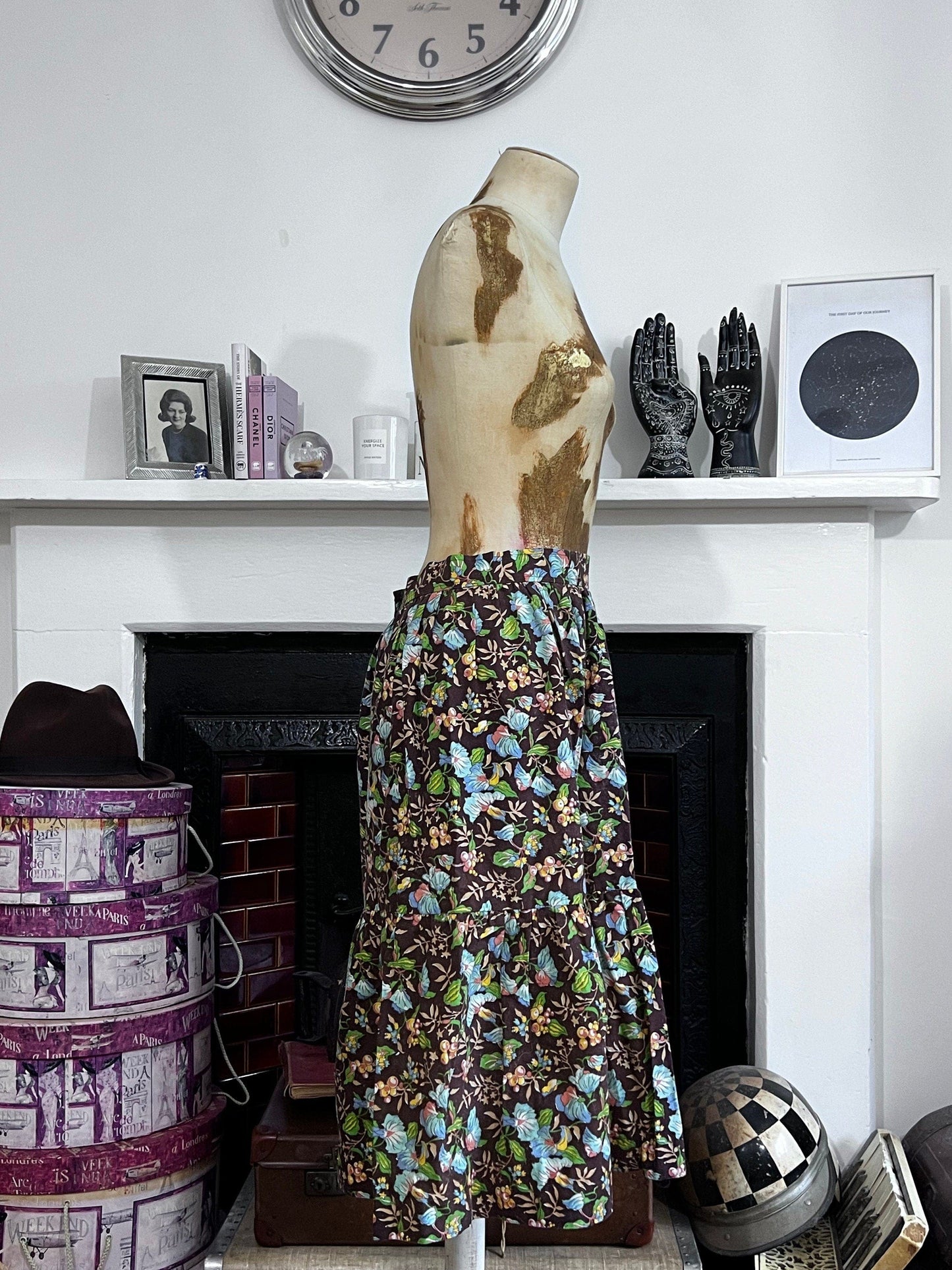 Vintage Skirt Brown Floral Leaf Liberty Fabric Handmade Skirt knee Length Blue Brown Green Floral Vintage Libert fabric handmade skirt 1970