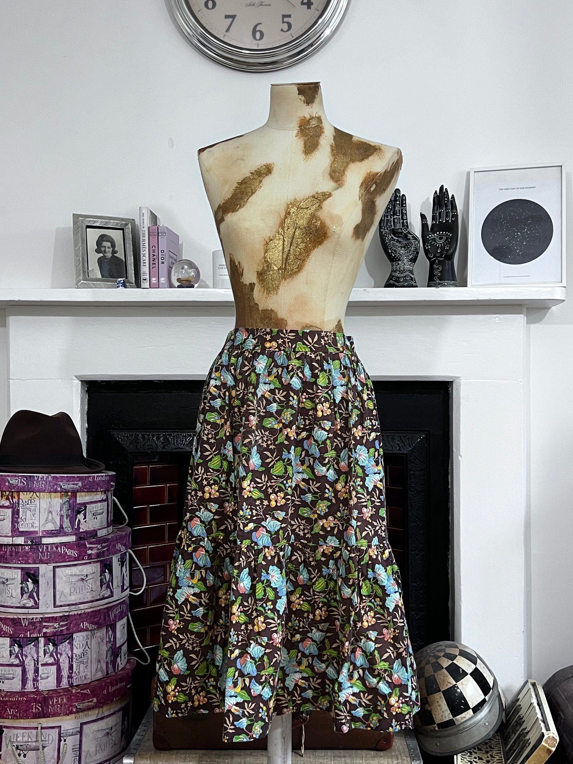 Vintage Skirt Brown Floral Leaf Liberty Fabric Handmade Skirt knee Length Blue Brown Green Floral Vintage Libert fabric handmade skirt 1970
