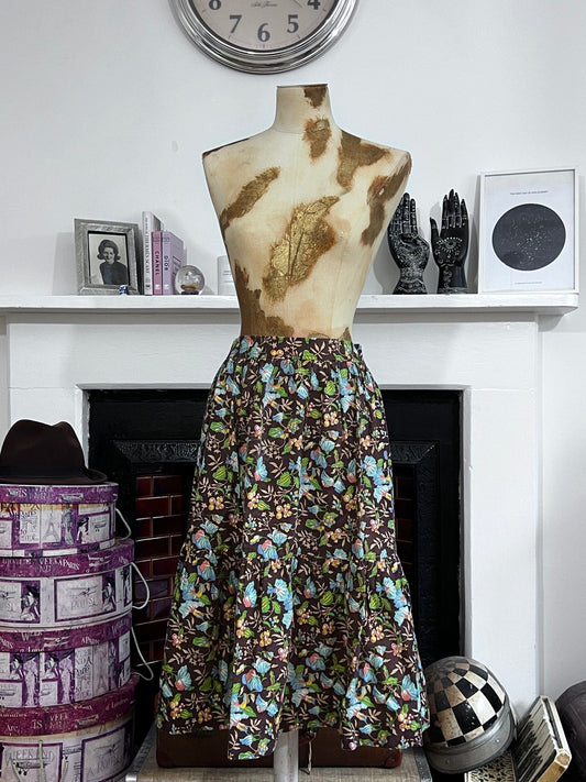 Vintage Skirt Brown Floral Leaf Liberty Fabric Handmade Skirt knee Length Blue Brown Green Floral Vintage Libert fabric handmade skirt 1970