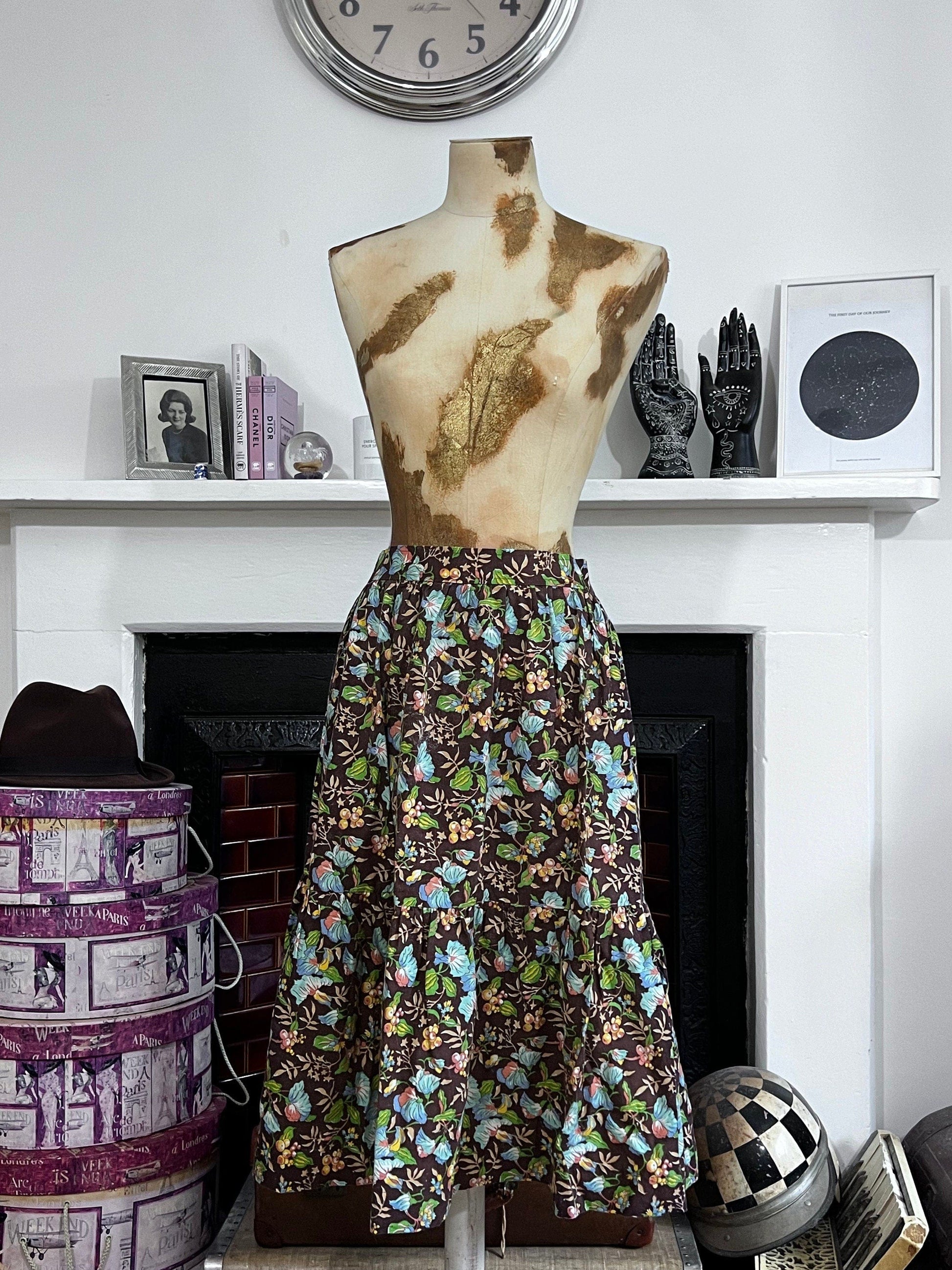 Vintage Skirt Brown Floral Leaf Liberty Fabric Handmade Skirt knee Length Blue Brown Green Floral Vintage Libert fabric handmade skirt 1970